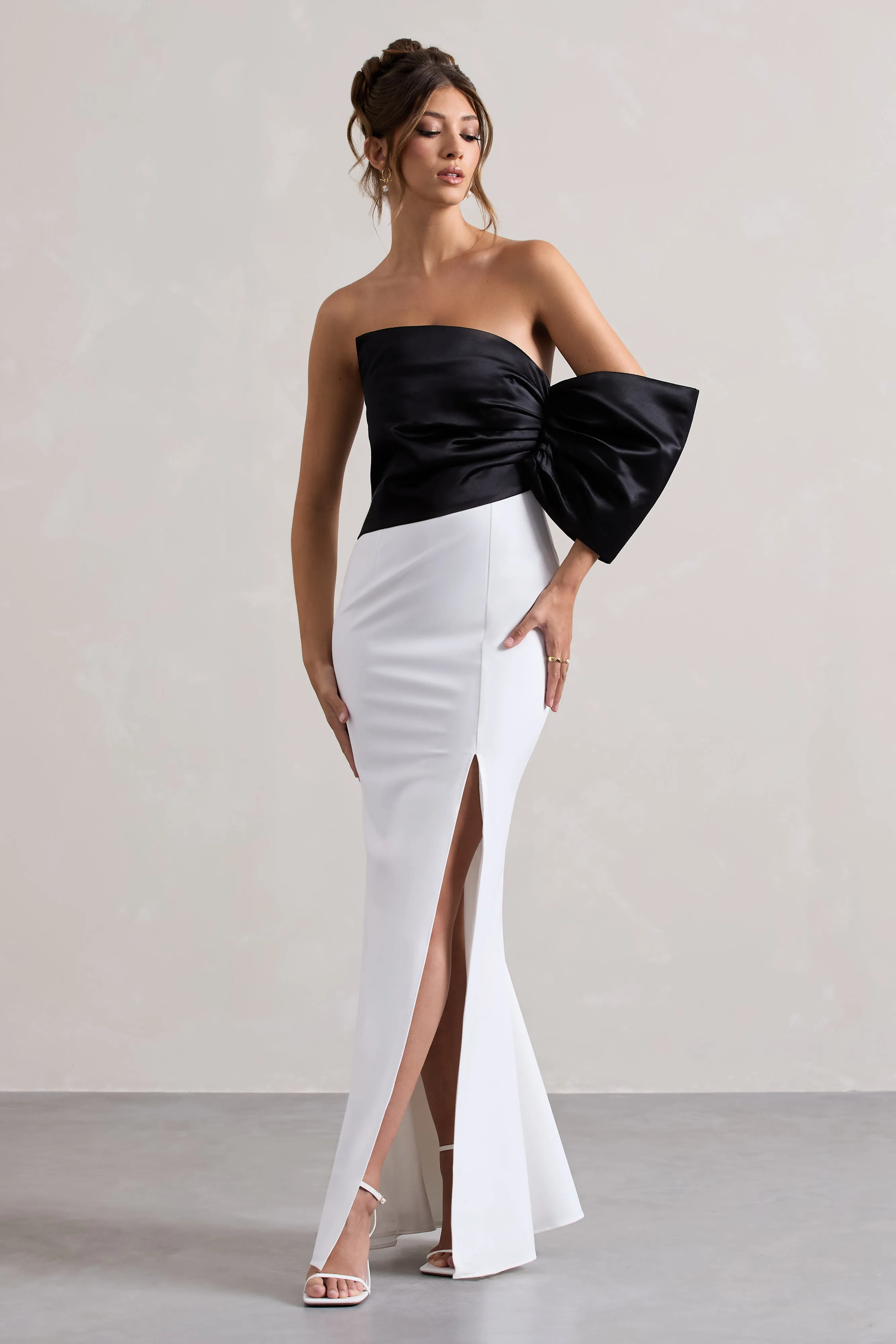 Envision | Black & White Asymmetric One-Sleeve Split Maxi Dress