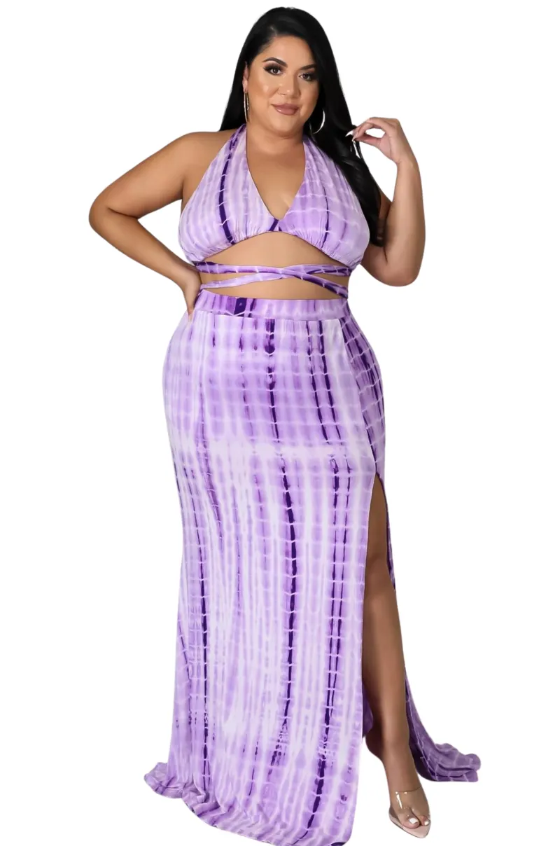 Final Sale Plus Size Tie Die Maxi Skirt Set in Lavender Tie Dye