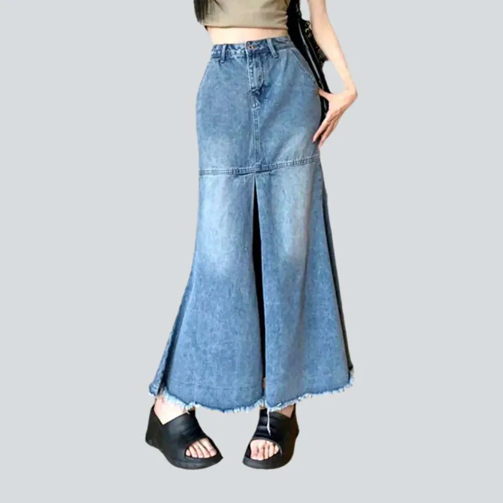 Floor length raw hem denim skirt