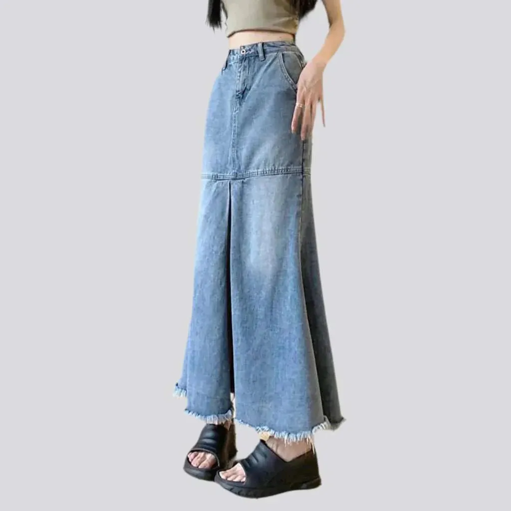 Floor length raw hem denim skirt