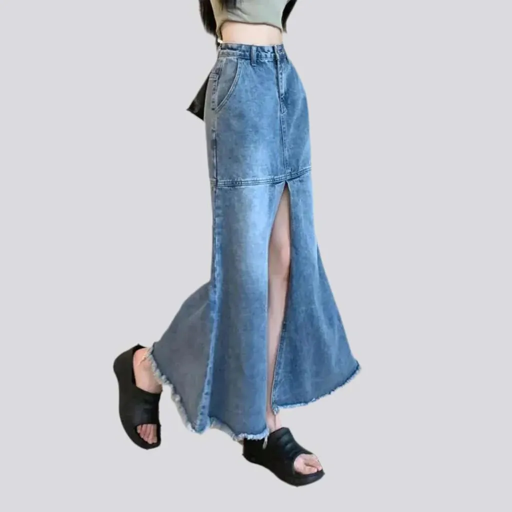 Floor length raw hem denim skirt