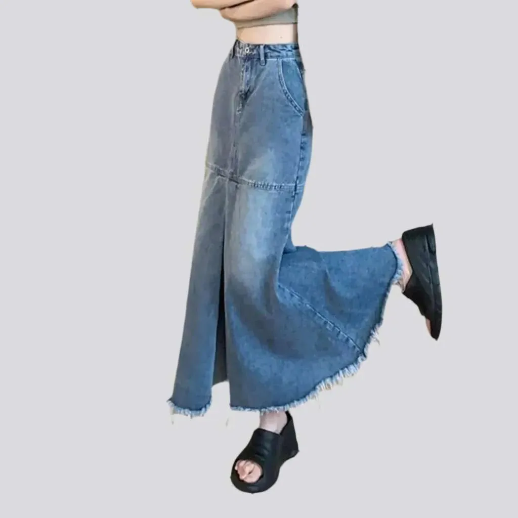 Floor length raw hem denim skirt