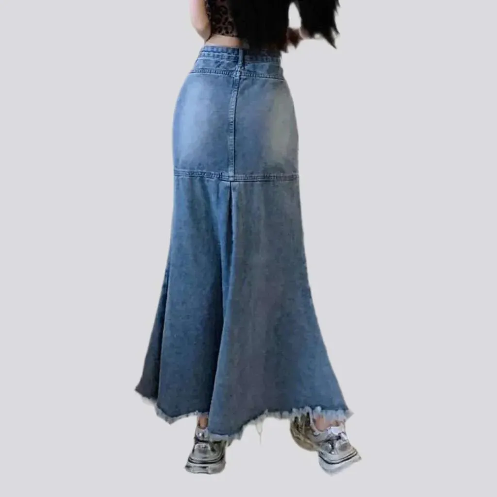 Floor length raw hem denim skirt