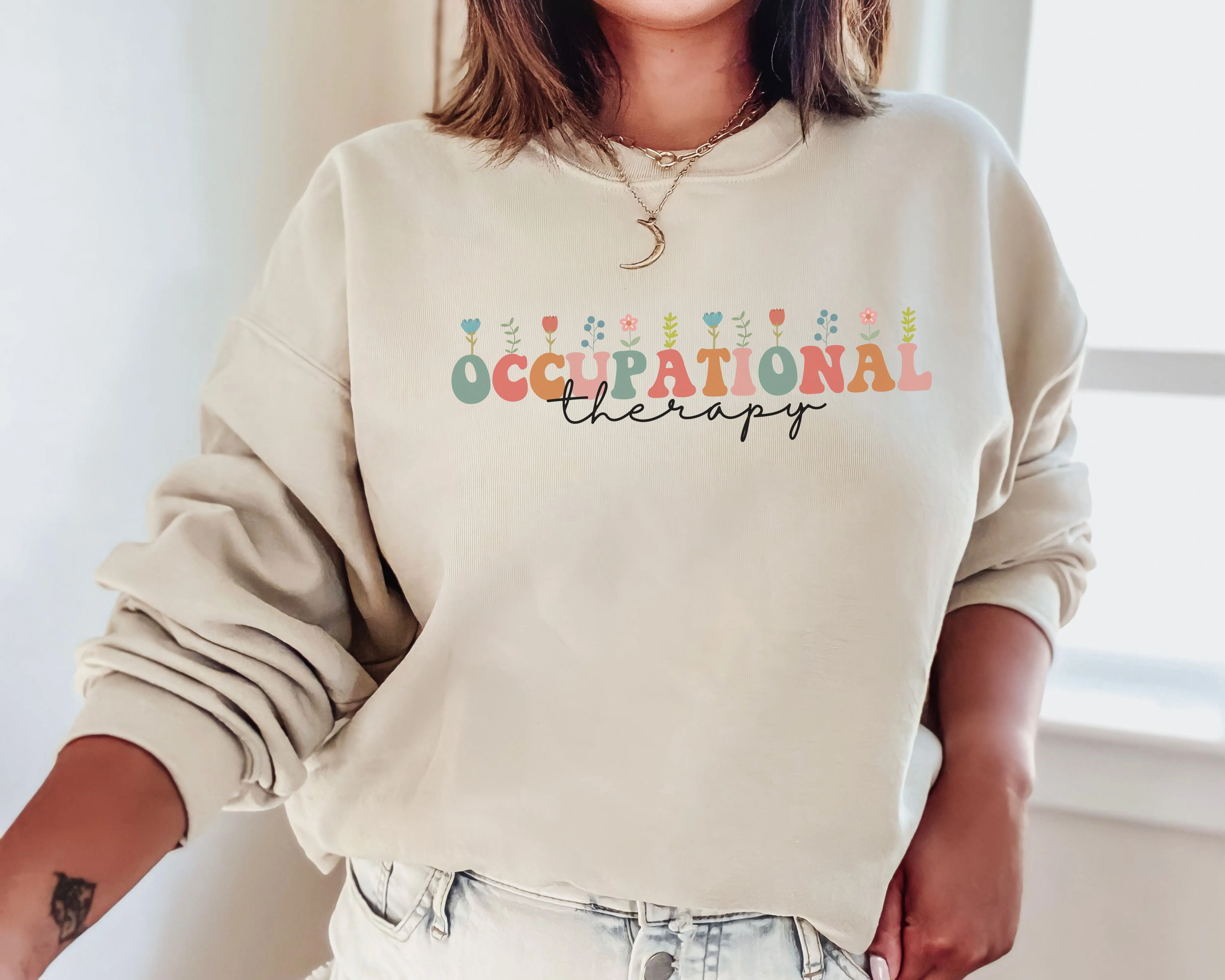 Floral Occupational Therapy Sweatshirt, Groovy Font, Unisex Sweatshirt, Crewneck Jumper, Gift for Occupational Therapist OTA