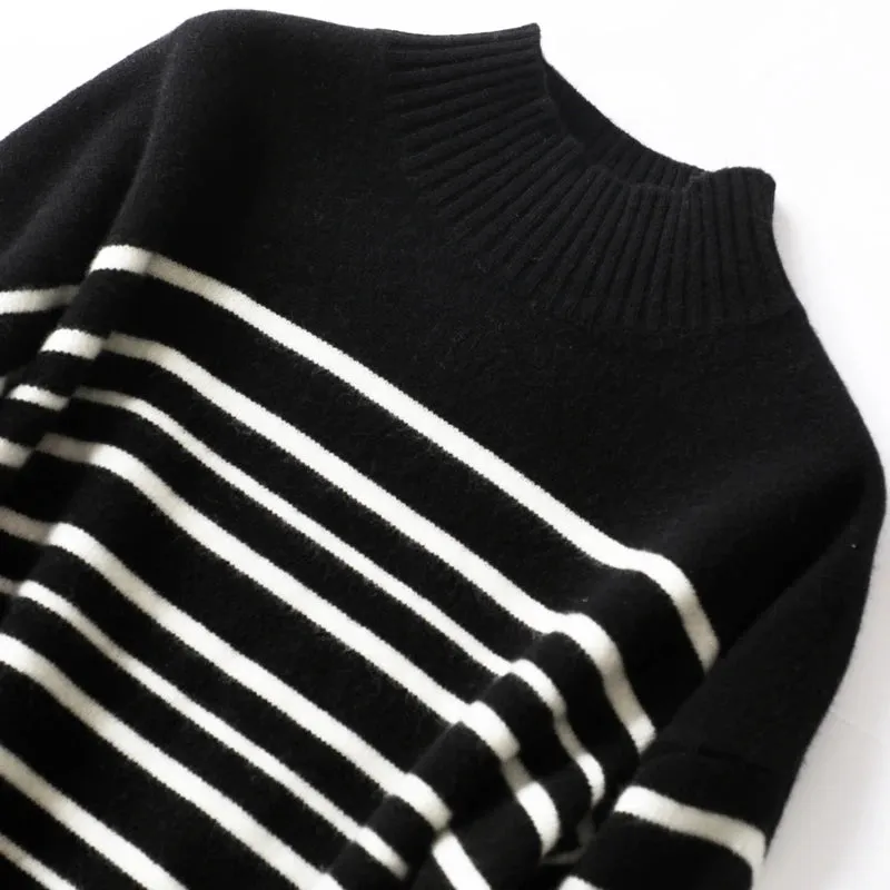 Flytonn-2021 Office Lady Knitted Sweater Dress Women Long Sleeve Half a turtlene Vintage Striped Casual Female Long Dress Fashion Autumn