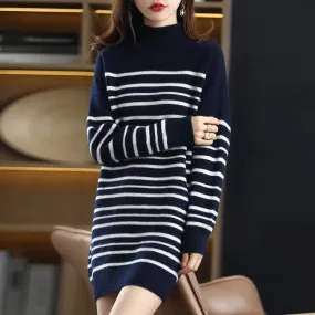 Flytonn-2021 Office Lady Knitted Sweater Dress Women Long Sleeve Half a turtlene Vintage Striped Casual Female Long Dress Fashion Autumn