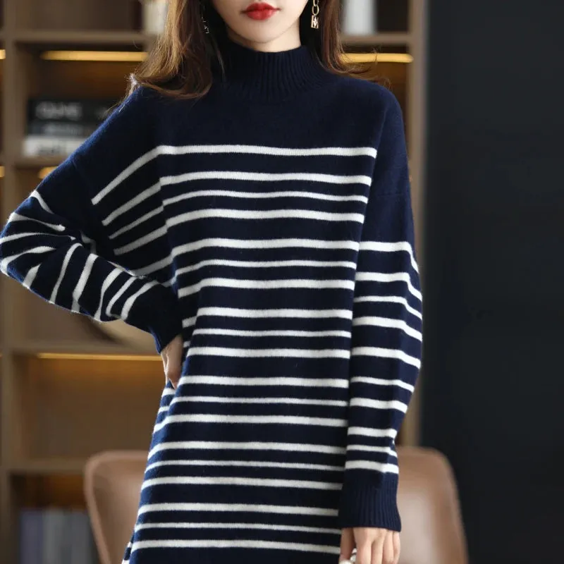 Flytonn-2021 Office Lady Knitted Sweater Dress Women Long Sleeve Half a turtlene Vintage Striped Casual Female Long Dress Fashion Autumn