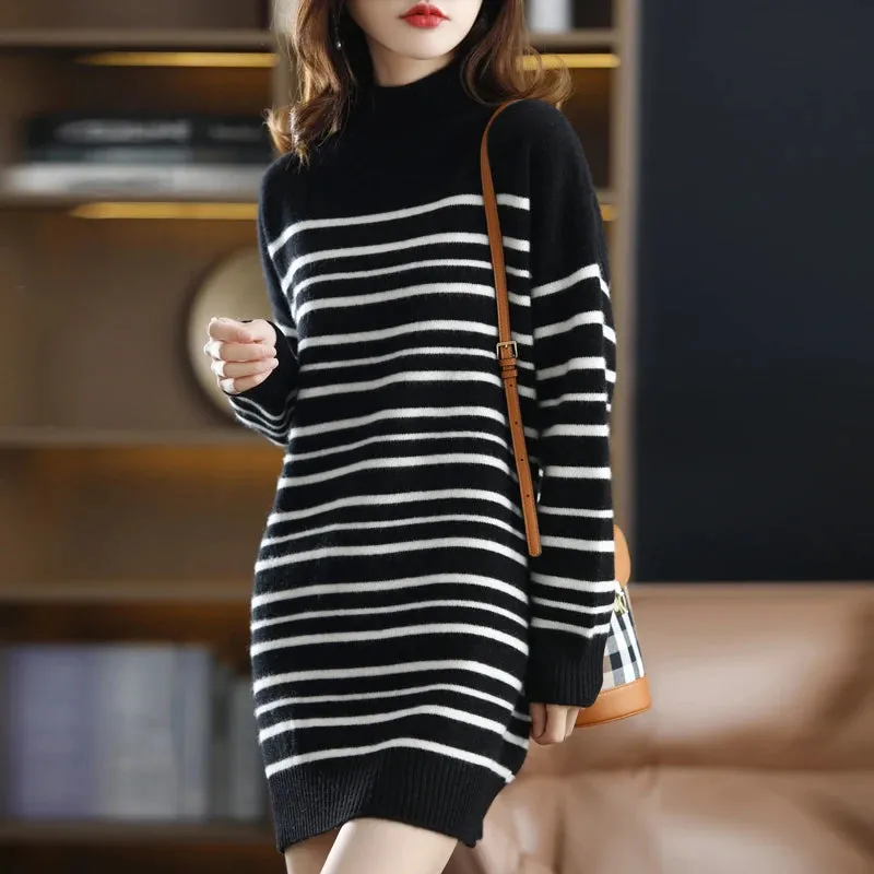 Flytonn-2021 Office Lady Knitted Sweater Dress Women Long Sleeve Half a turtlene Vintage Striped Casual Female Long Dress Fashion Autumn