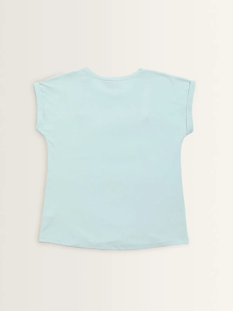 Gia Light Blue Leaf Printed Cotton T-Shirt