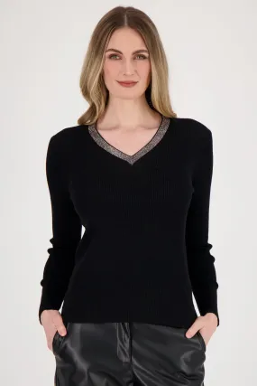 GLITTER V-NECK LS RIB TOP