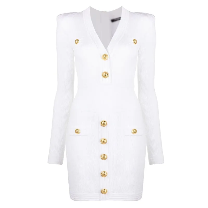 Gold Decorative Buttons Long Sleeve Mini Sweater Dress