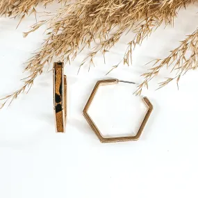 Gold Hexagon Hoops with Cow Hide Inlay in Brown Leopard