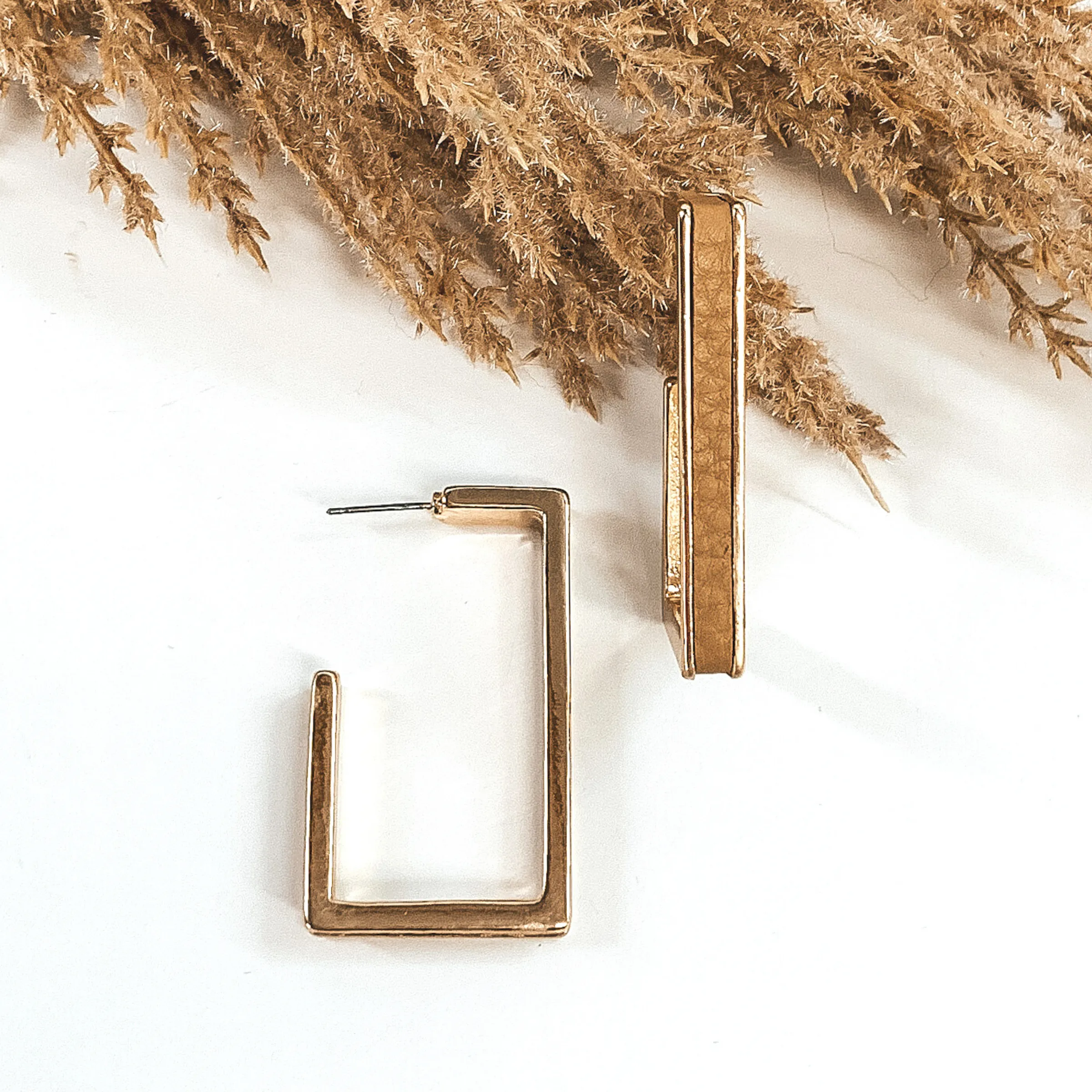 Gold Rectangle Hoops with Leather Inlay in Tan