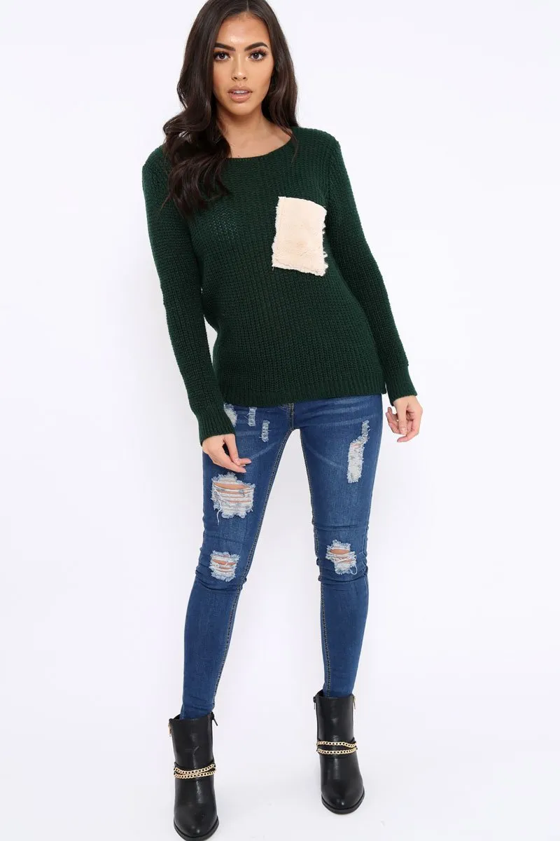 Green Chunky Knit Fur Pocket Jumper - Alois