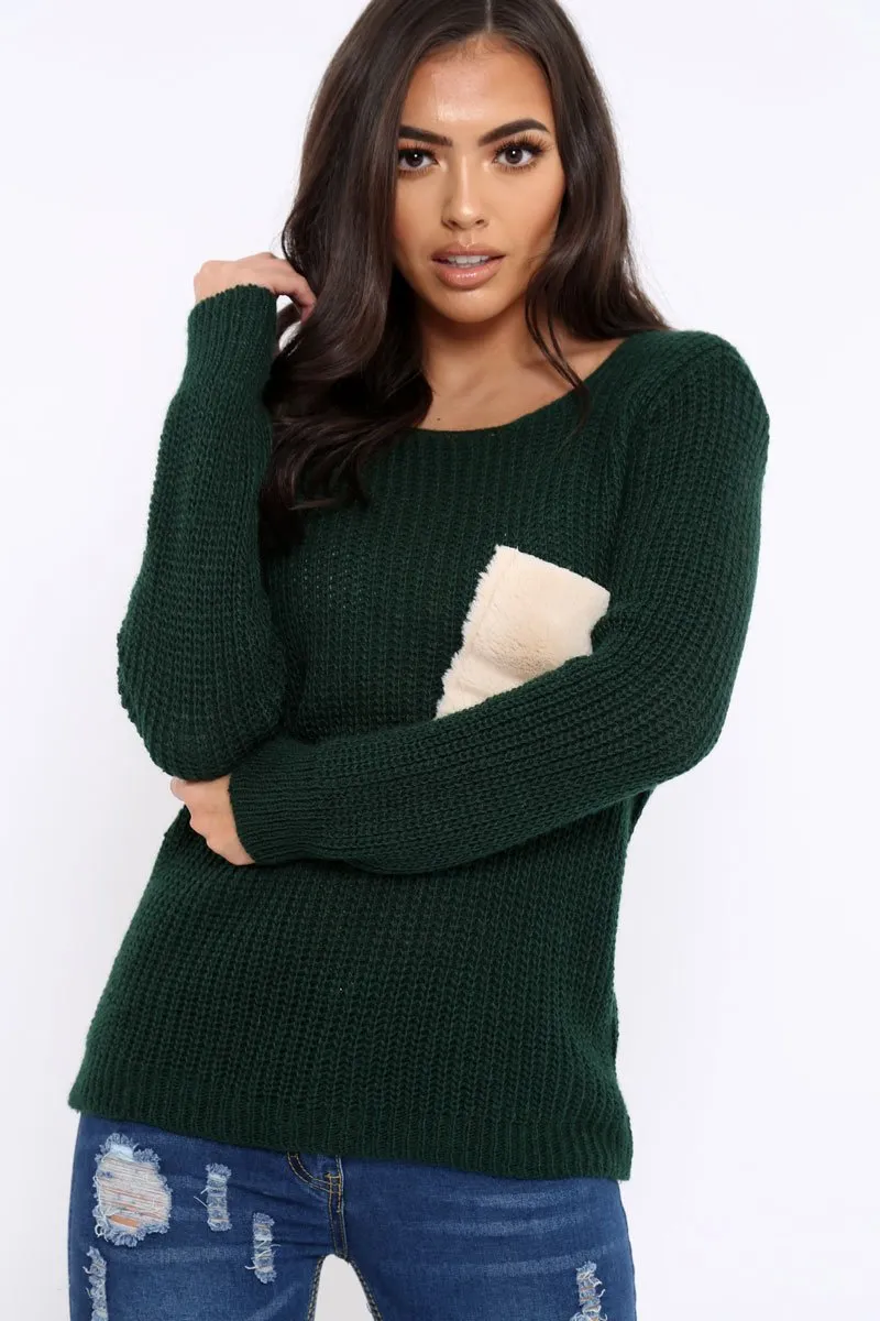 Green Chunky Knit Fur Pocket Jumper - Alois