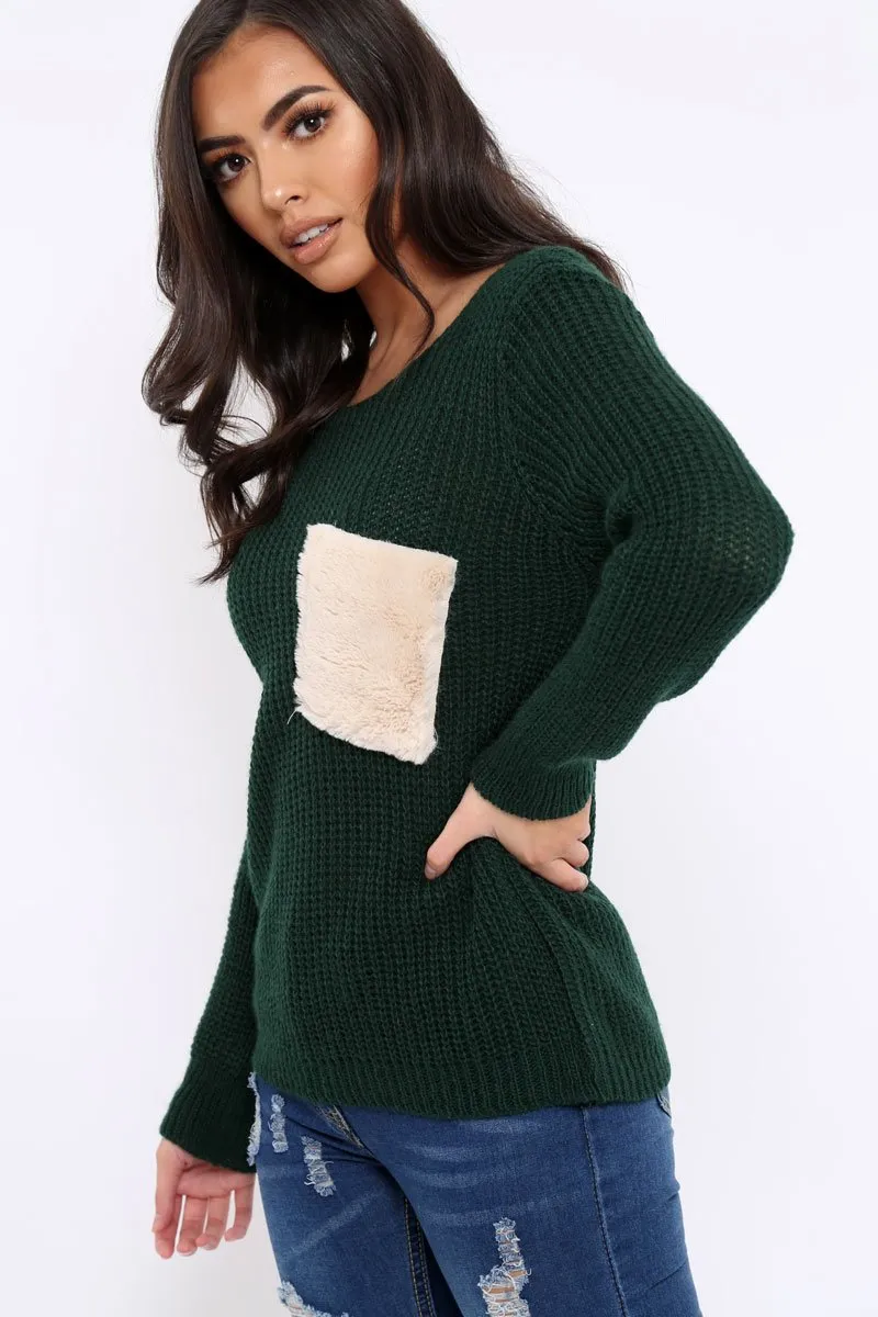 Green Chunky Knit Fur Pocket Jumper - Alois