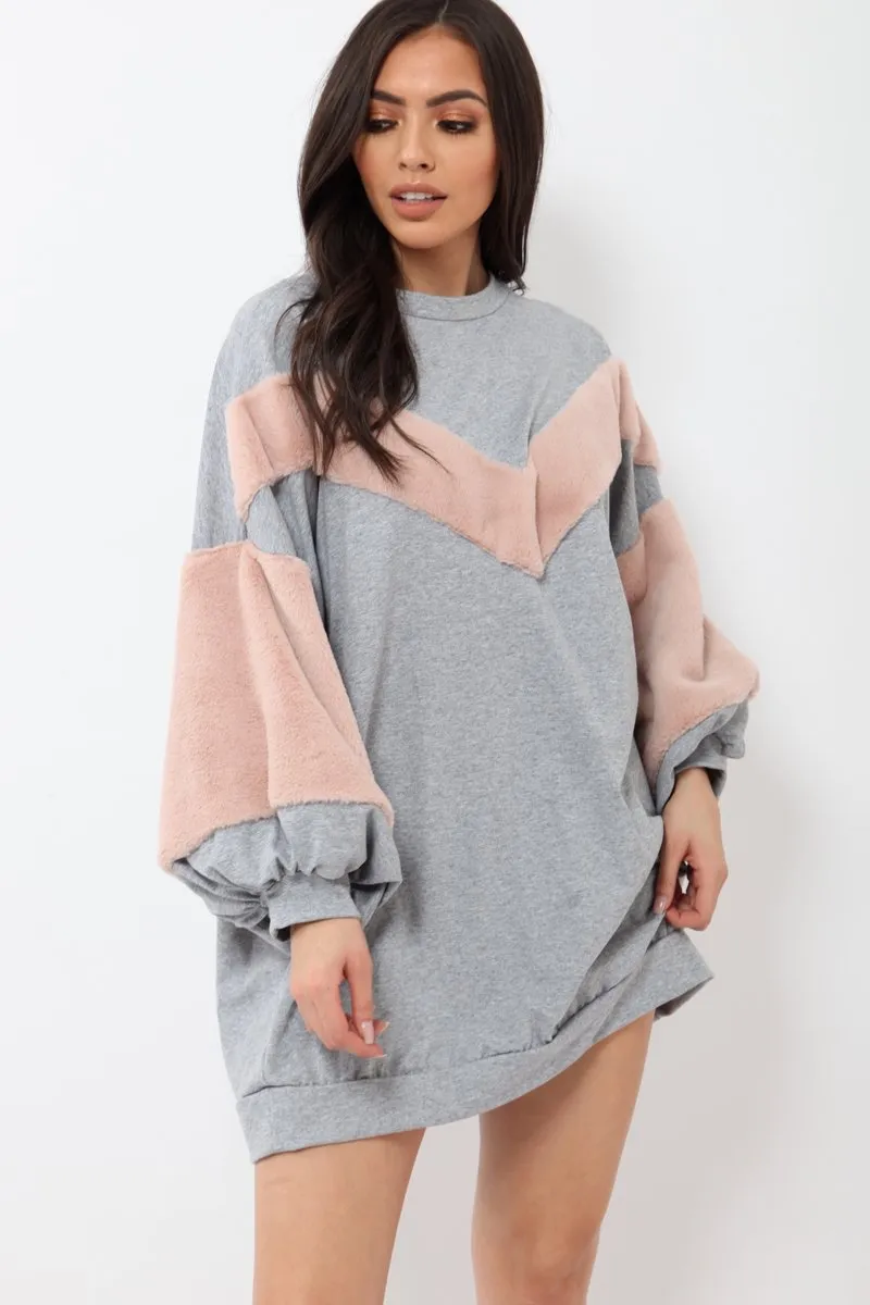 Grey Chevron Fur Jumper Dress - Esme