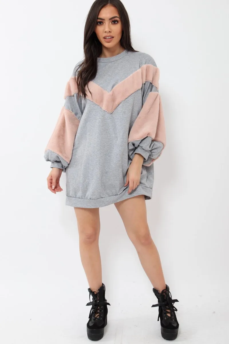 Grey Chevron Fur Jumper Dress - Esme