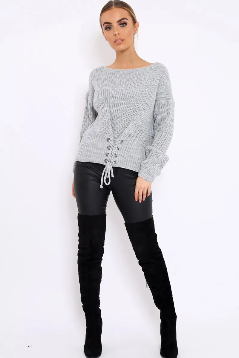 Grey Chunky Knit Corset Waist Knitted Jumper - Mikayla