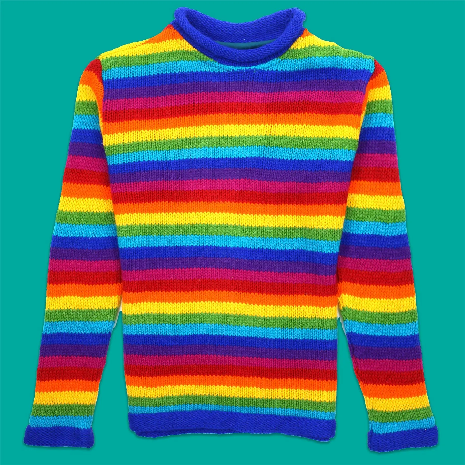 Hand Knitted Wool Jumper - Stripe Bright Rainbow