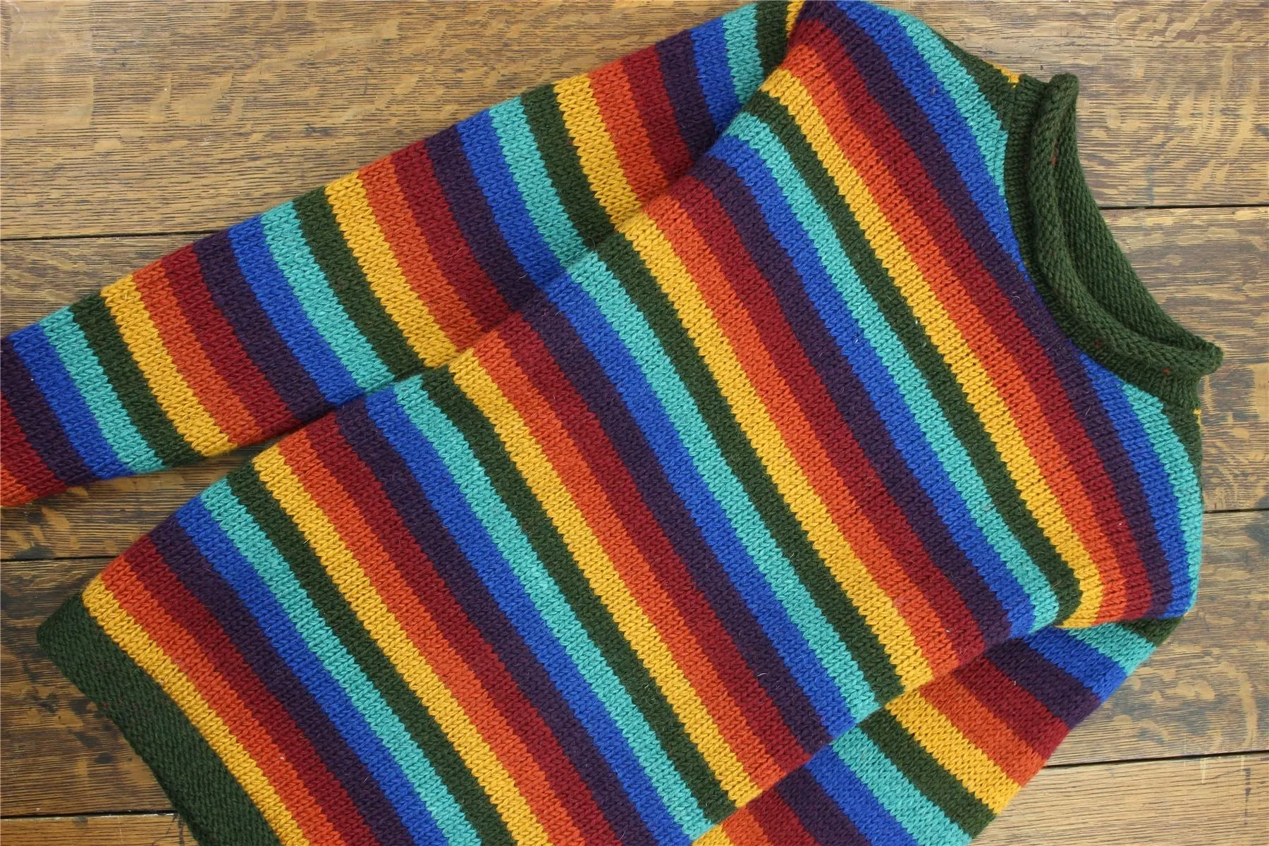 Hand Knitted Wool Jumper - Stripe Dark Rainbow