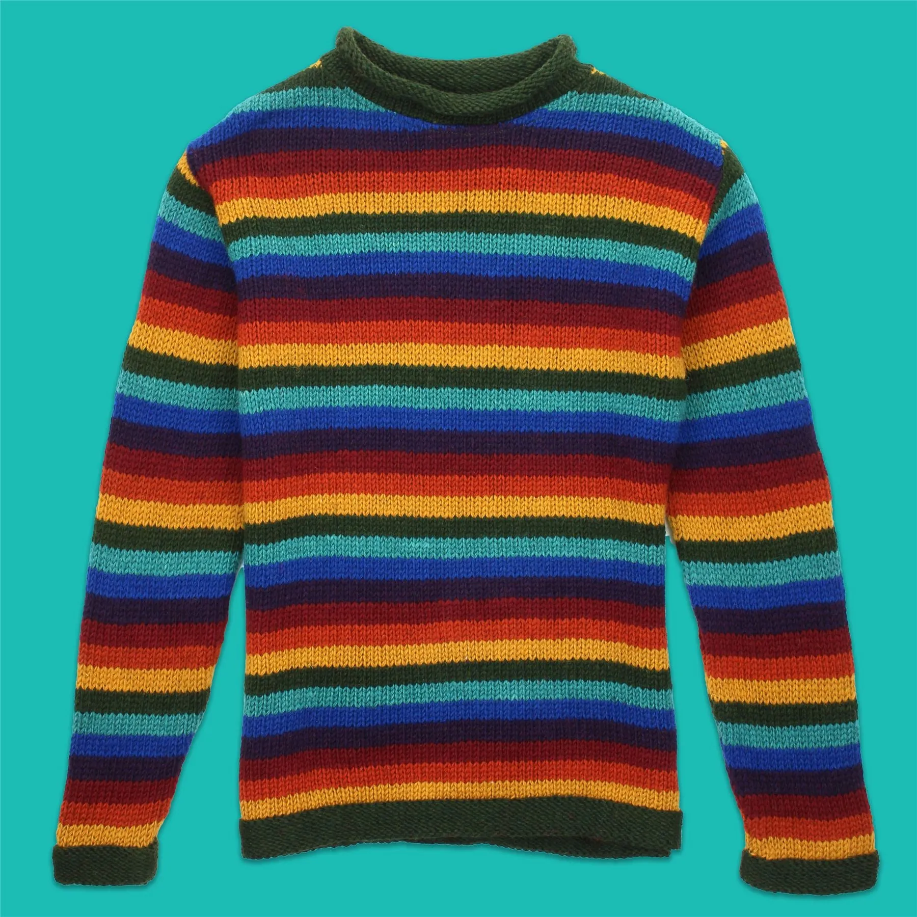 Hand Knitted Wool Jumper - Stripe Dark Rainbow