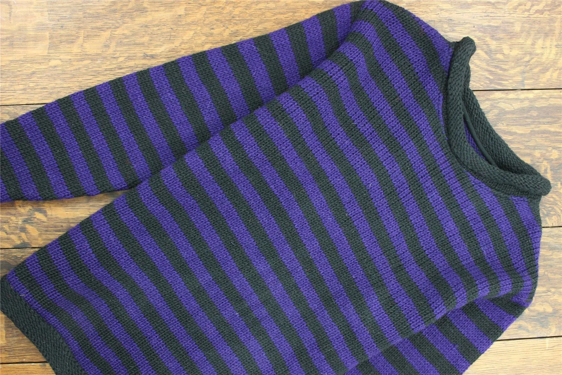 Hand Knitted Wool Jumper - Stripe Purple Black