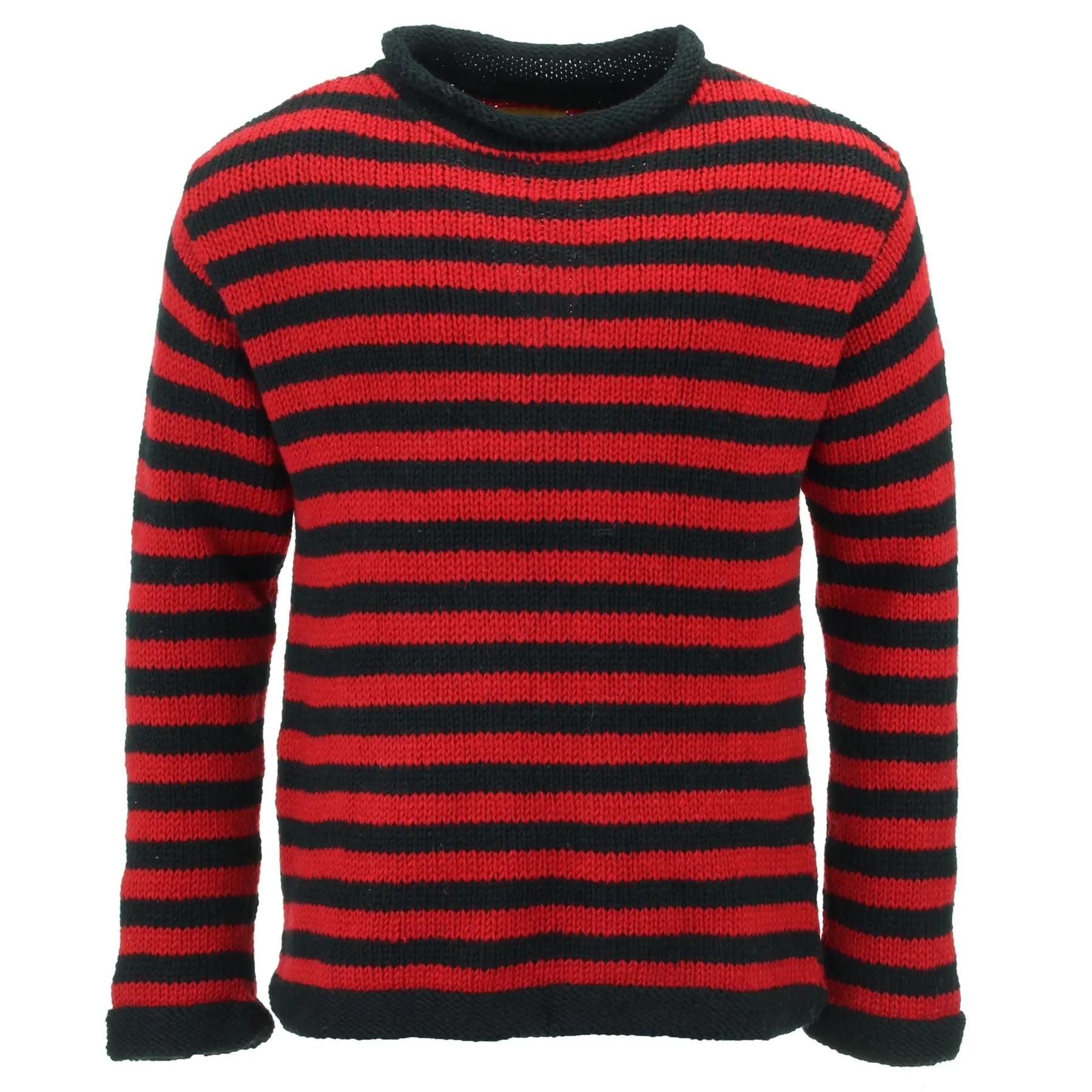 Hand Knitted Wool Jumper - Stripe Red Black