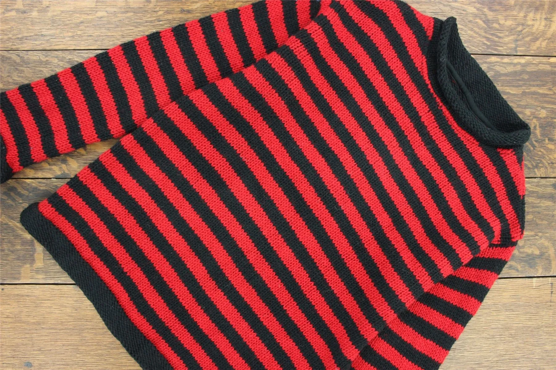 Hand Knitted Wool Jumper - Stripe Red Black