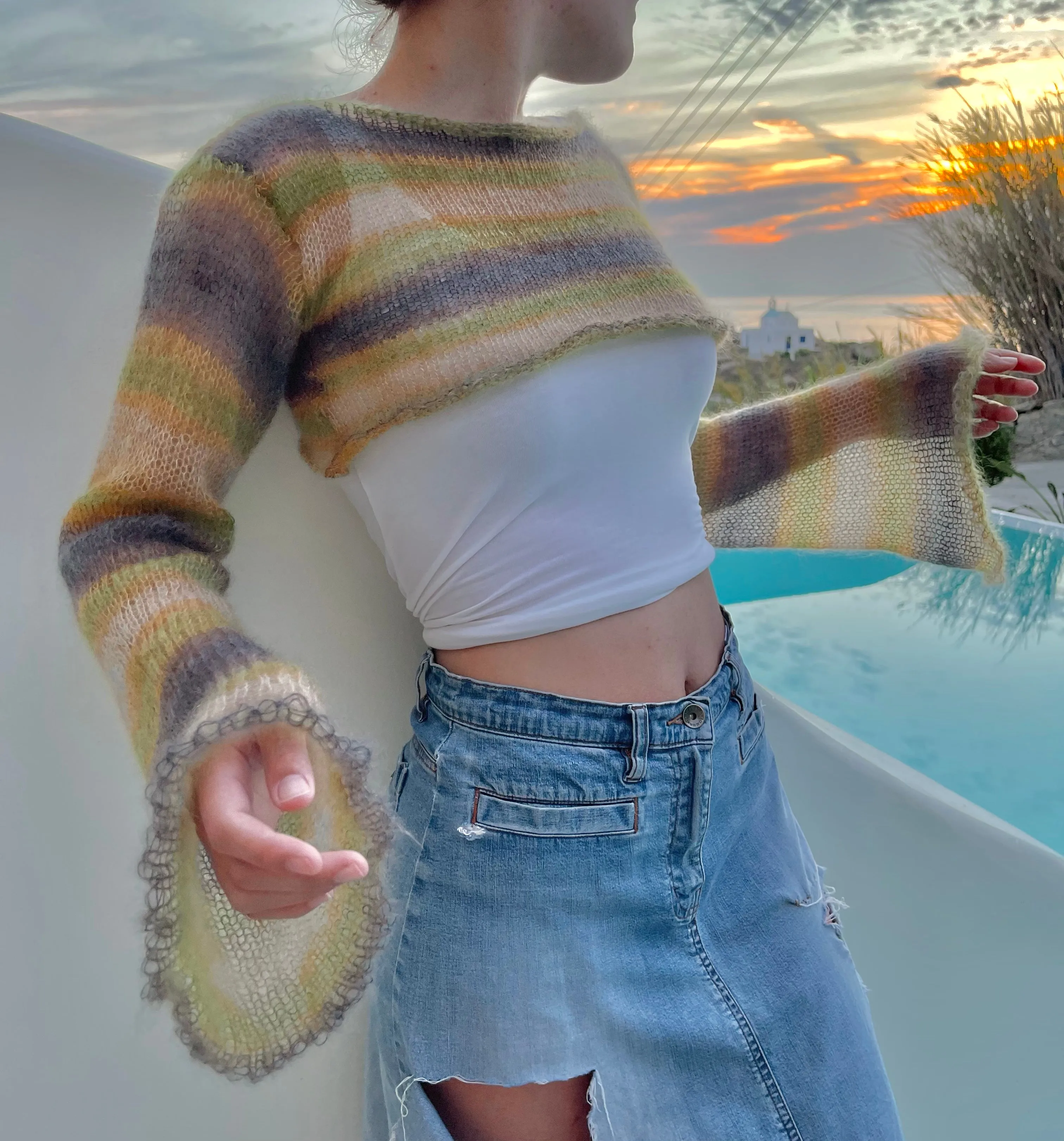 Handmade knitted mohair cropped jumper in ombré earth tones