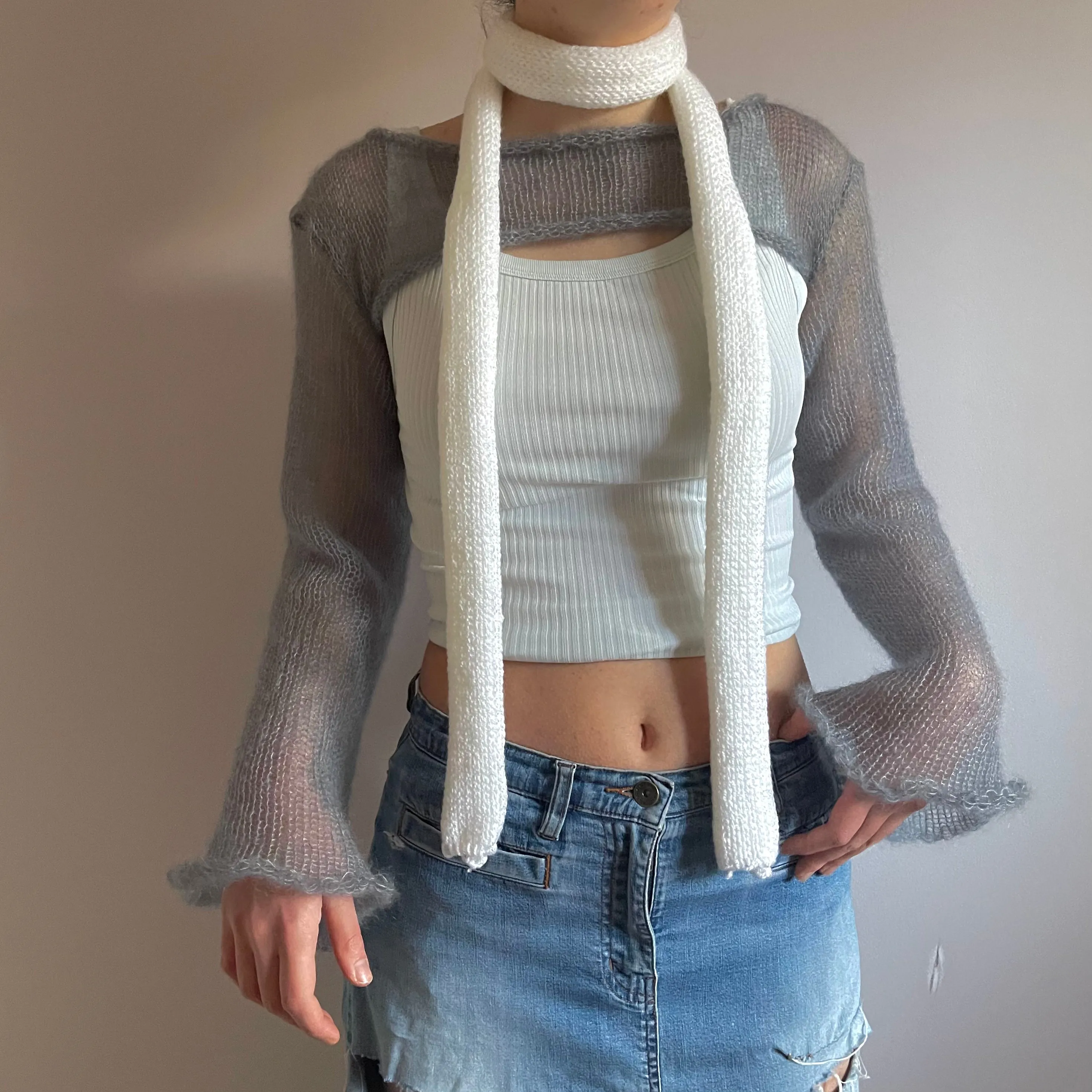 Handmade knitted ultra cropped mohair jumper / bolero in light grey