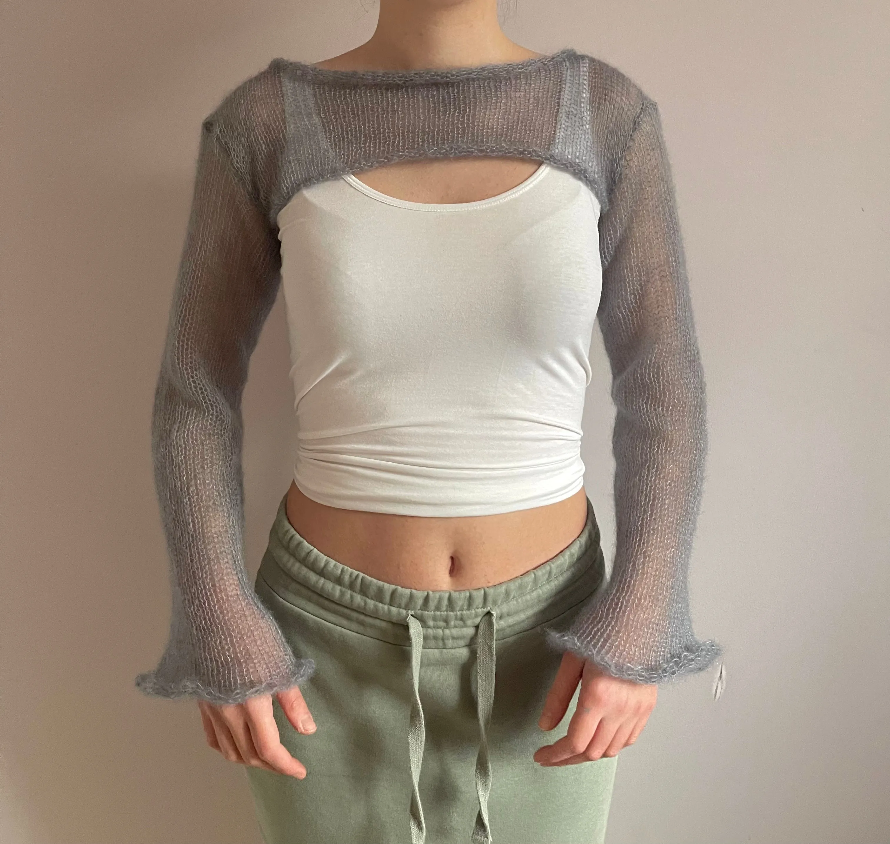 Handmade knitted ultra cropped mohair jumper / bolero in light grey