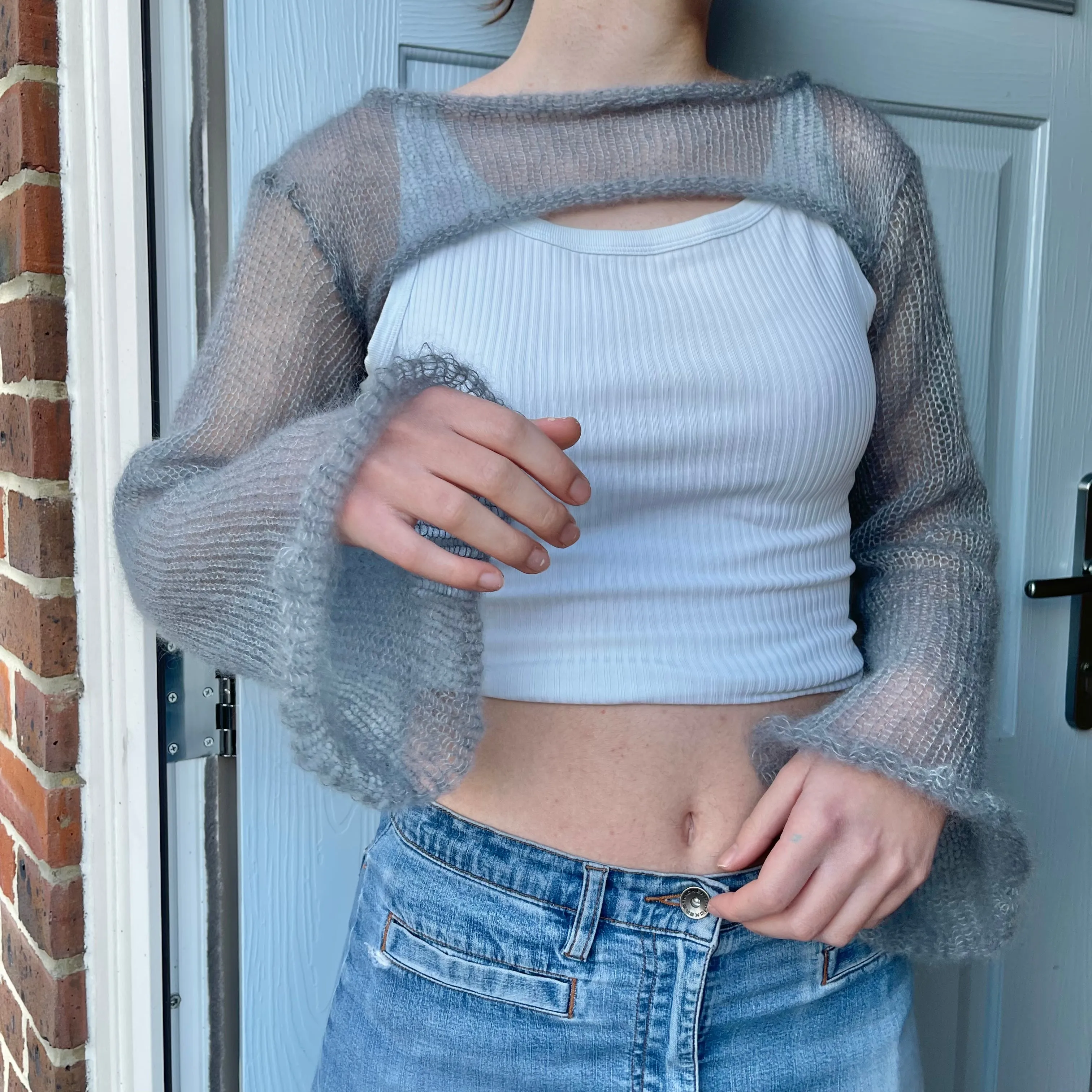 Handmade knitted ultra cropped mohair jumper / bolero in light grey