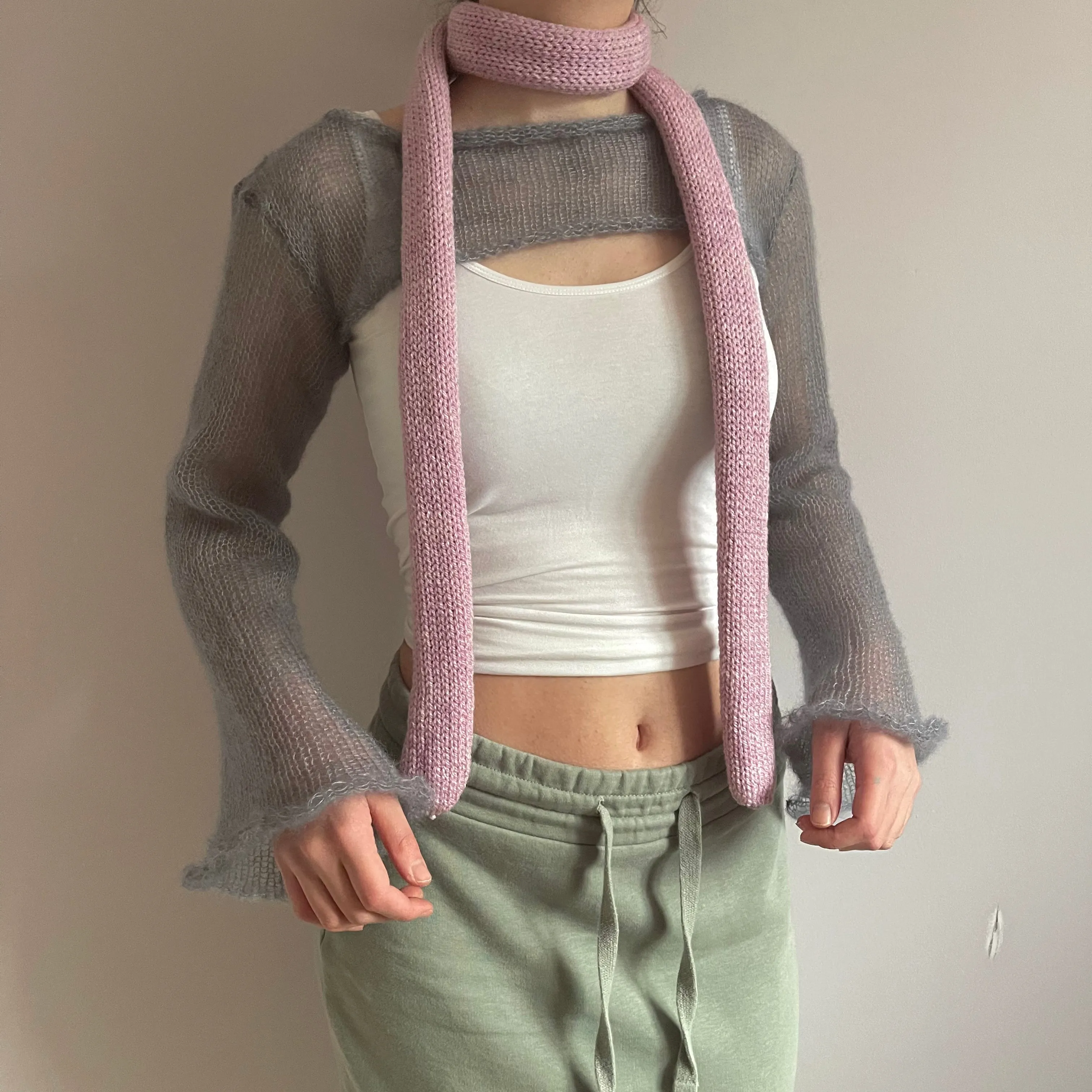 Handmade knitted ultra cropped mohair jumper / bolero in light grey