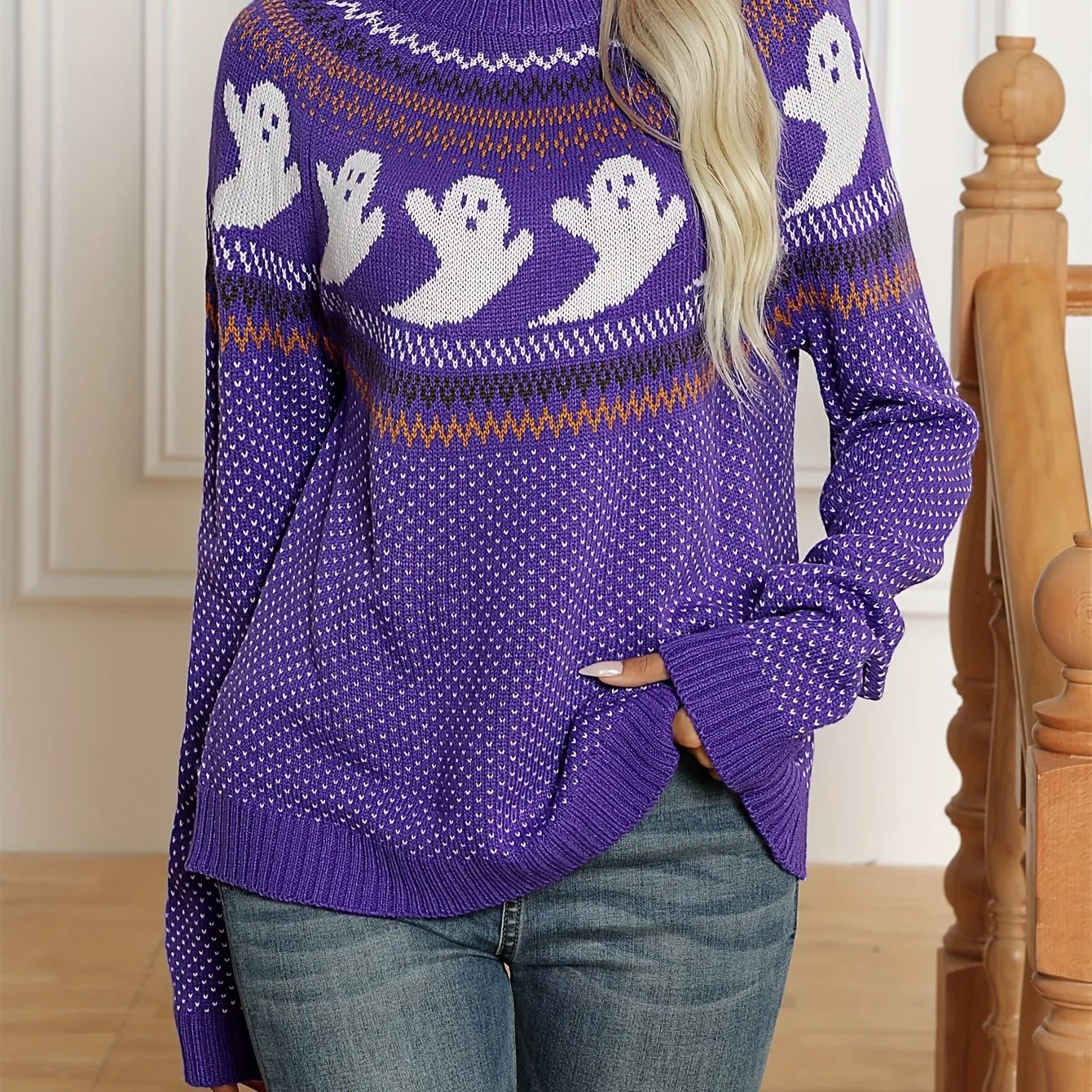 Hauntingly Chic Halloween Ghost Pattern Womens Sweater - Cozy Long Sleeves, Warm Crew Neck, Vintage Style, Easy Pullover - Fashionable Apparel for Spooky Season