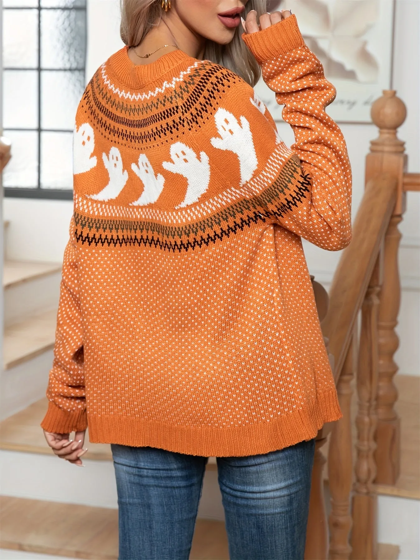 Hauntingly Chic Halloween Ghost Pattern Womens Sweater - Cozy Long Sleeves, Warm Crew Neck, Vintage Style, Easy Pullover - Fashionable Apparel for Spooky Season