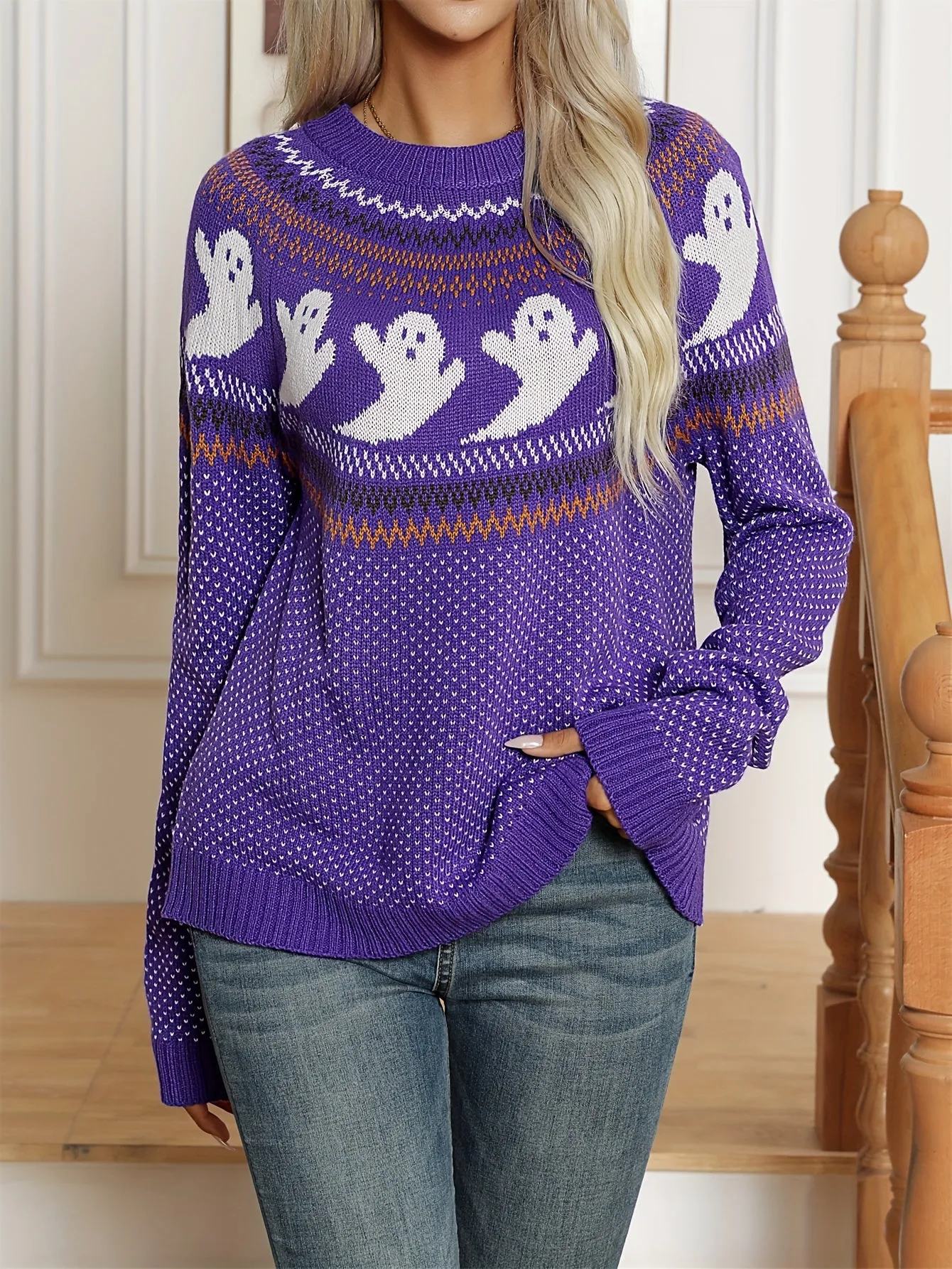 Hauntingly Chic Halloween Ghost Pattern Womens Sweater - Cozy Long Sleeves, Warm Crew Neck, Vintage Style, Easy Pullover - Fashionable Apparel for Spooky Season