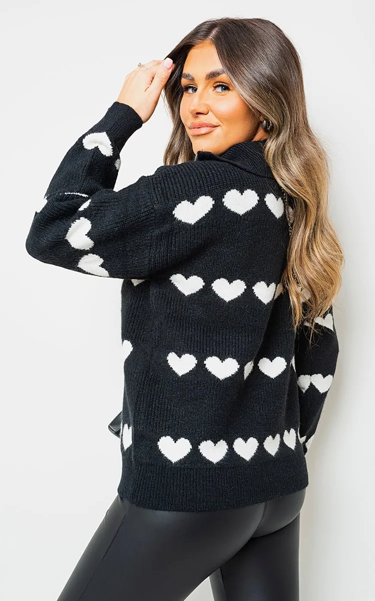 Heart Prints Zip High Neck Knitted Jumper