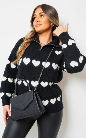 Heart Prints Zip High Neck Knitted Jumper