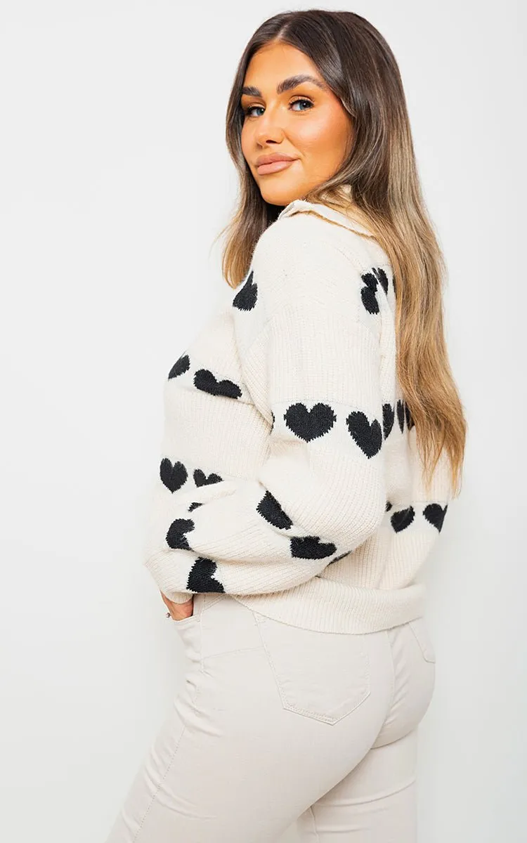 Heart Prints Zip High Neck Knitted Jumper