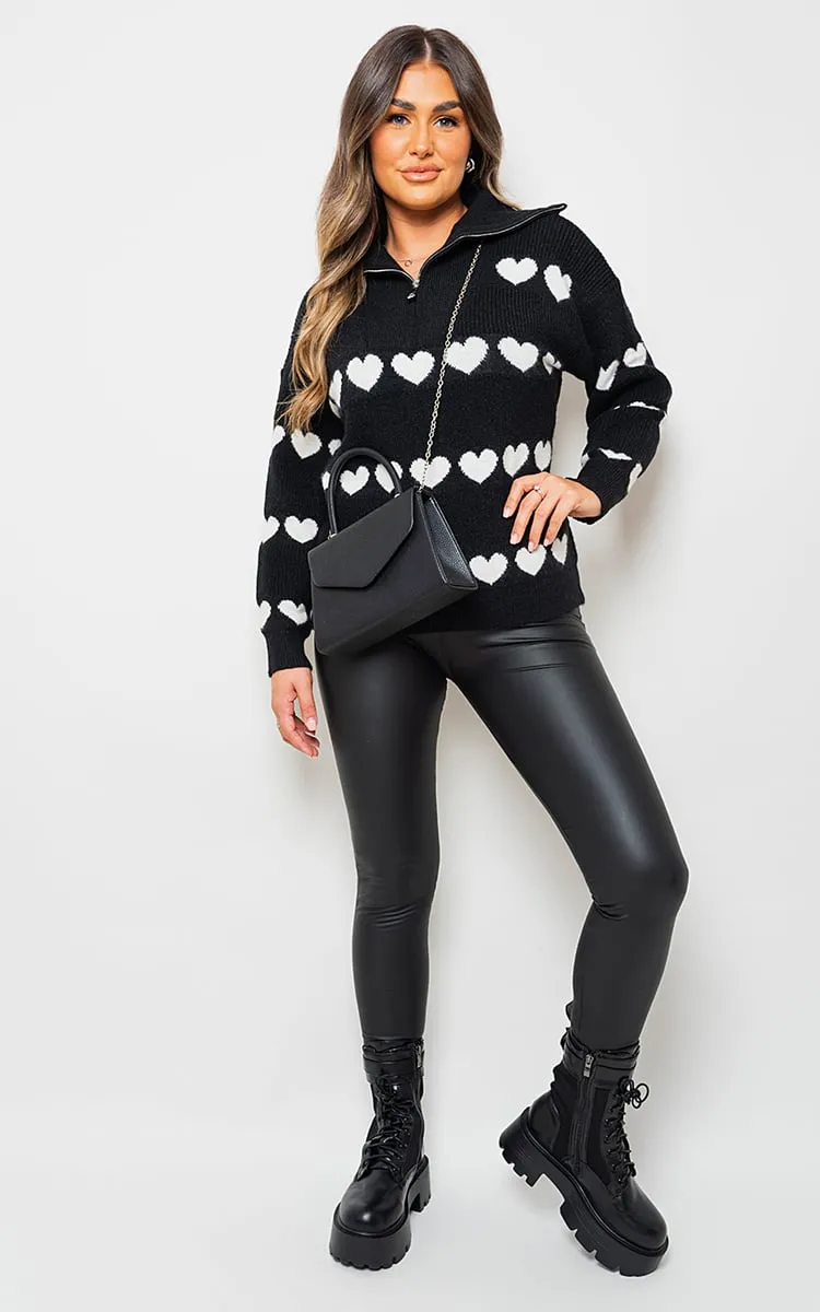 Heart Prints Zip High Neck Knitted Jumper