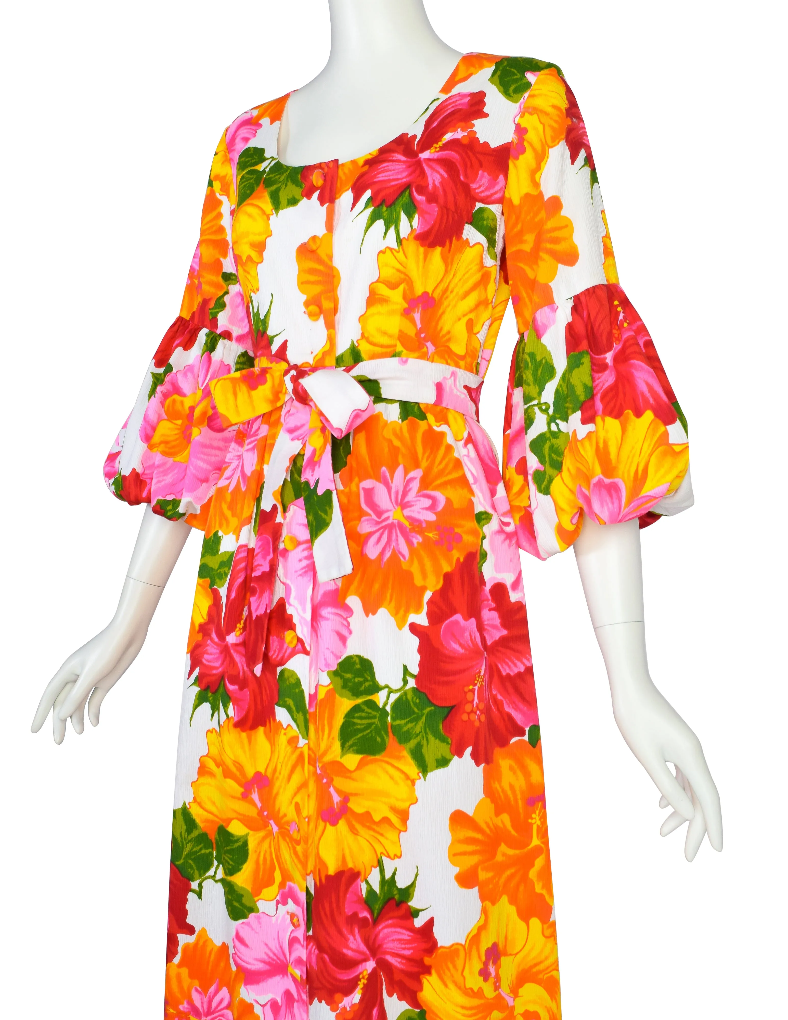 Hilo Hattie Vintage 1960s Hawaiian White Pink Yellow Hibiscus Floral Maxi Dress