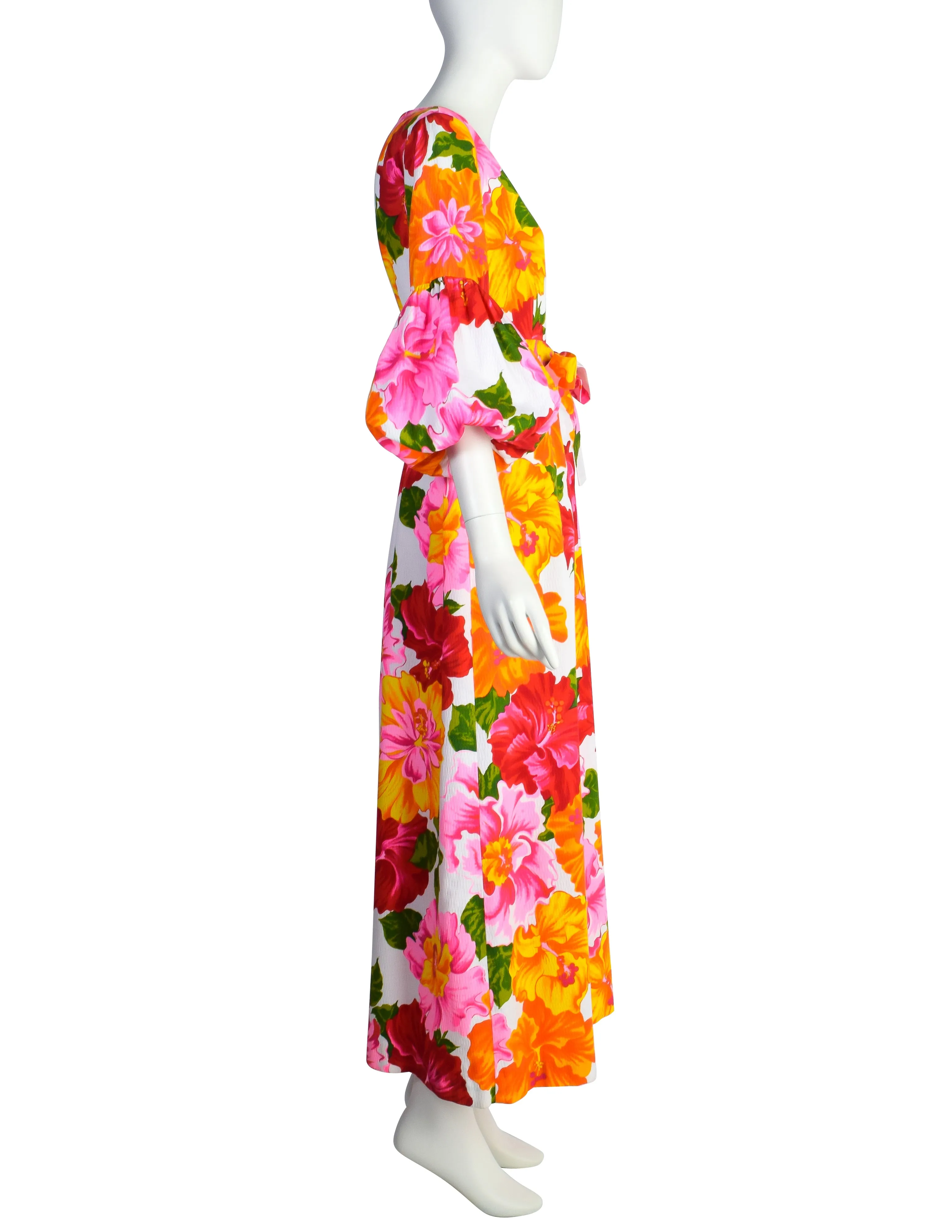 Hilo Hattie Vintage 1960s Hawaiian White Pink Yellow Hibiscus Floral Maxi Dress