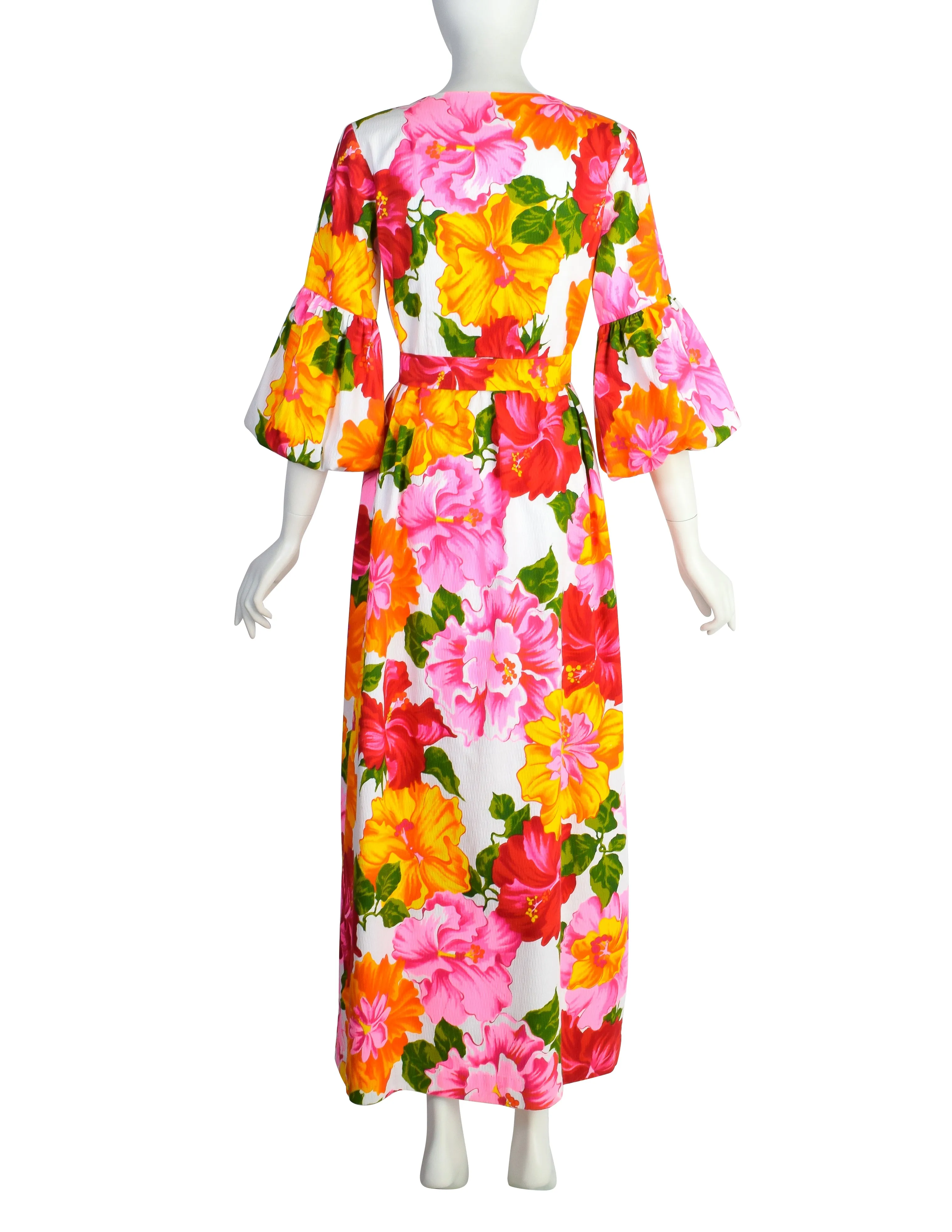 Hilo Hattie Vintage 1960s Hawaiian White Pink Yellow Hibiscus Floral Maxi Dress