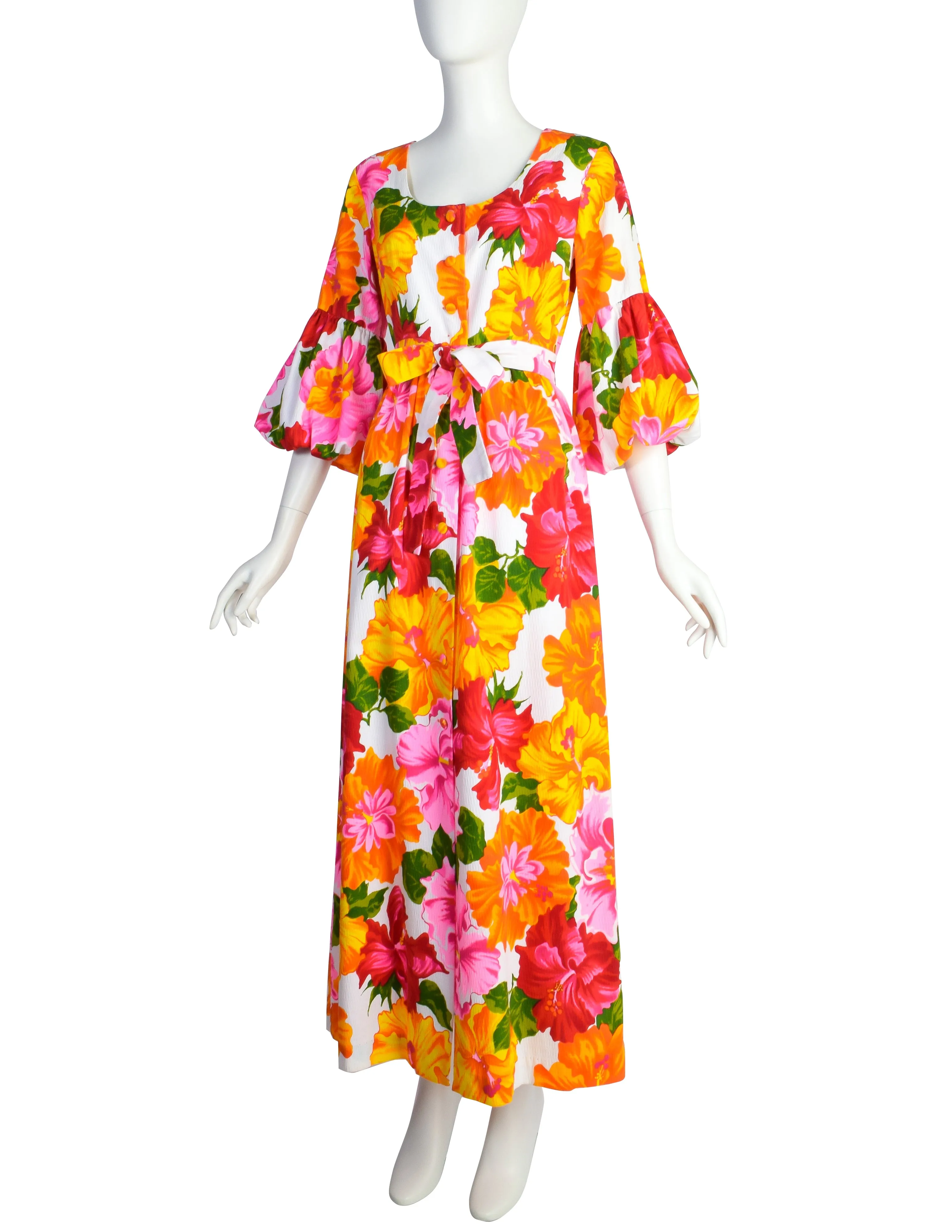 Hilo Hattie Vintage 1960s Hawaiian White Pink Yellow Hibiscus Floral Maxi Dress