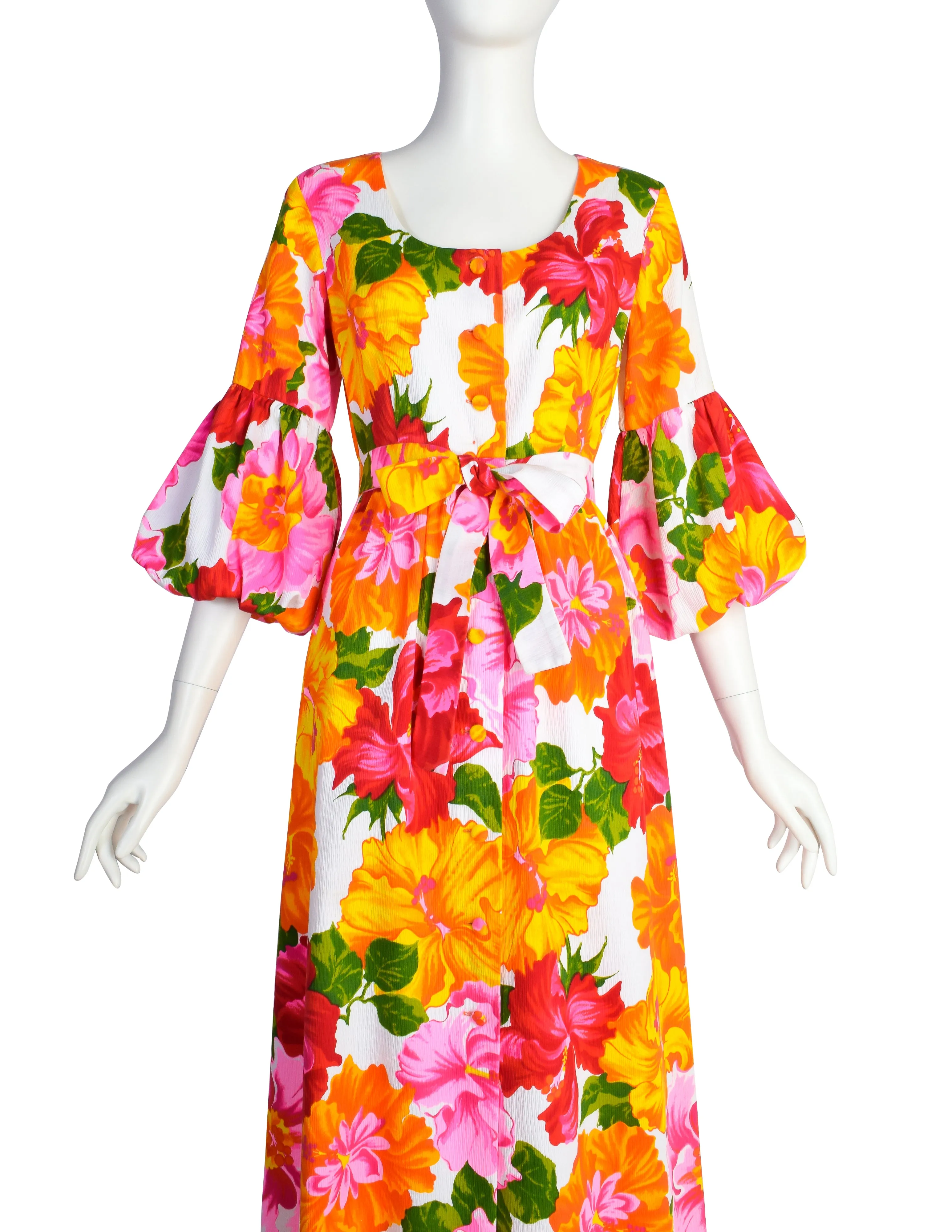 Hilo Hattie Vintage 1960s Hawaiian White Pink Yellow Hibiscus Floral Maxi Dress