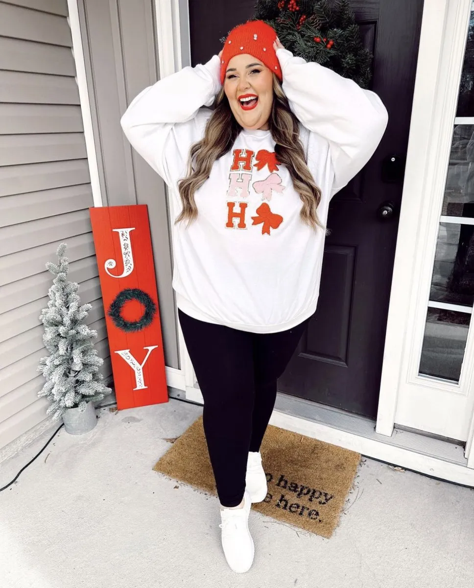 Ho Ho Ho Bows Letter Patch Crewneck Sweatshirt