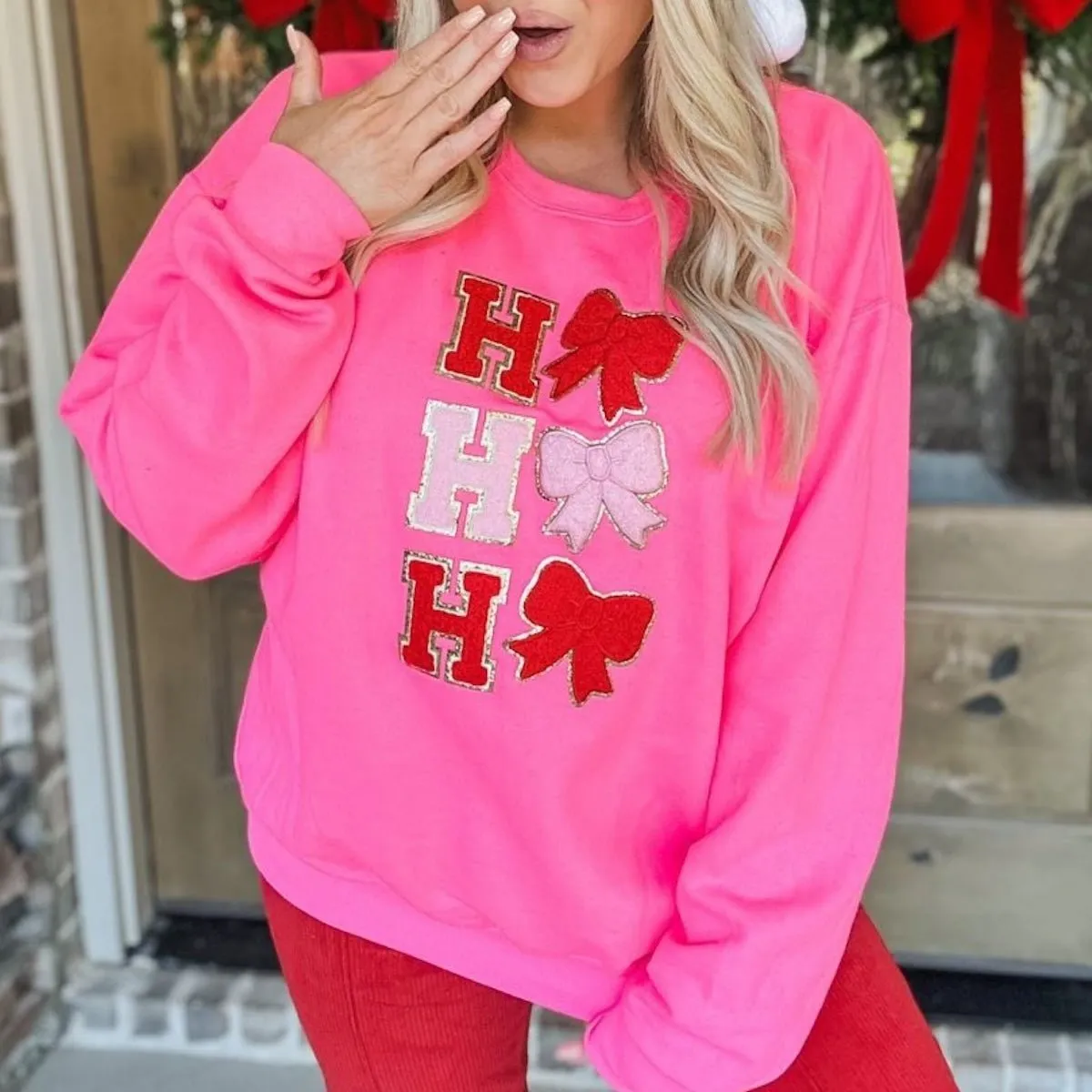 Ho Ho Ho Bows Letter Patch Crewneck Sweatshirt