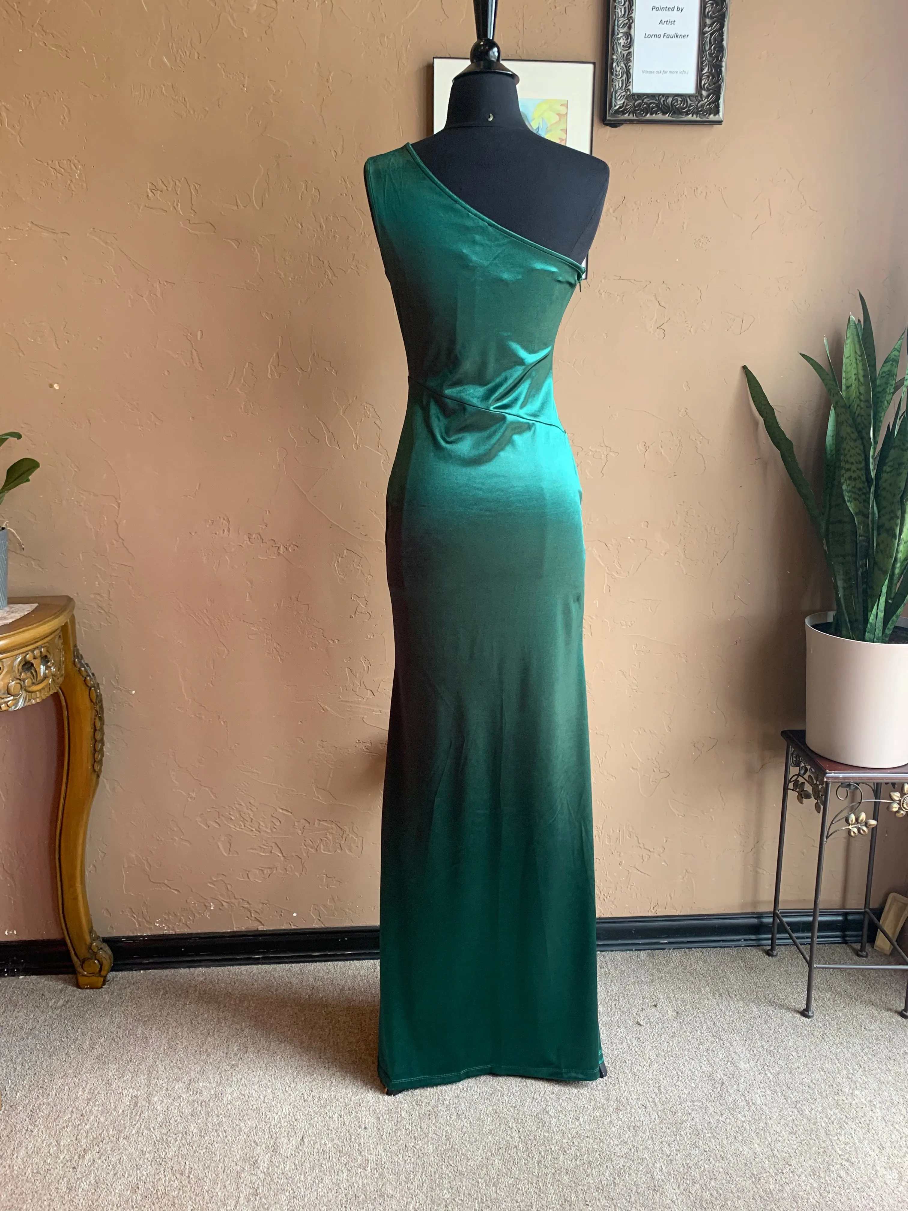 Huntergreen One Shoulder Floor Length Evening Maxi Gown