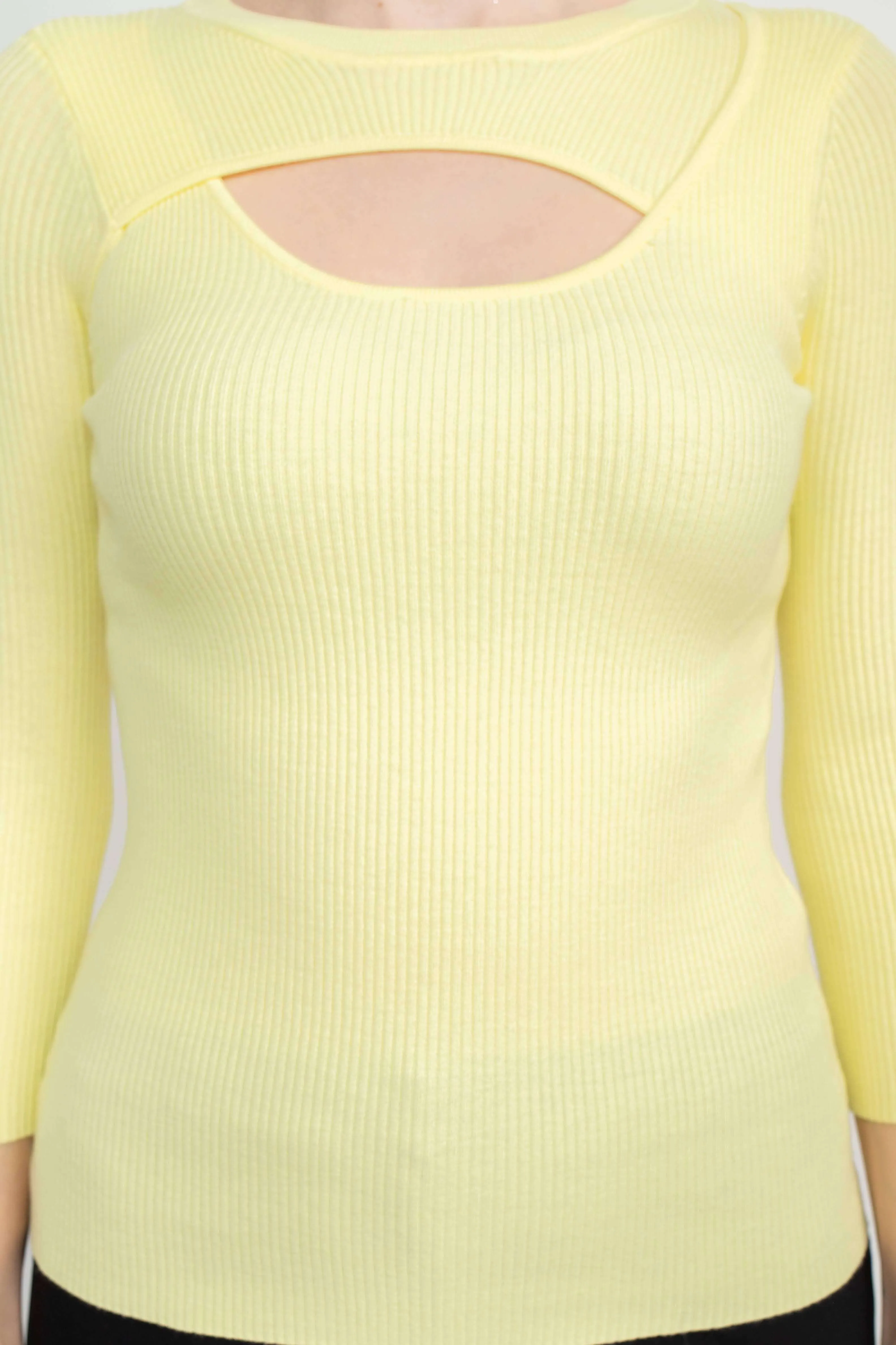 Joan Vass NY Crew Neck 3/4 Sleeve Ribbed Pullover Cutout Chest Detail Knit Top